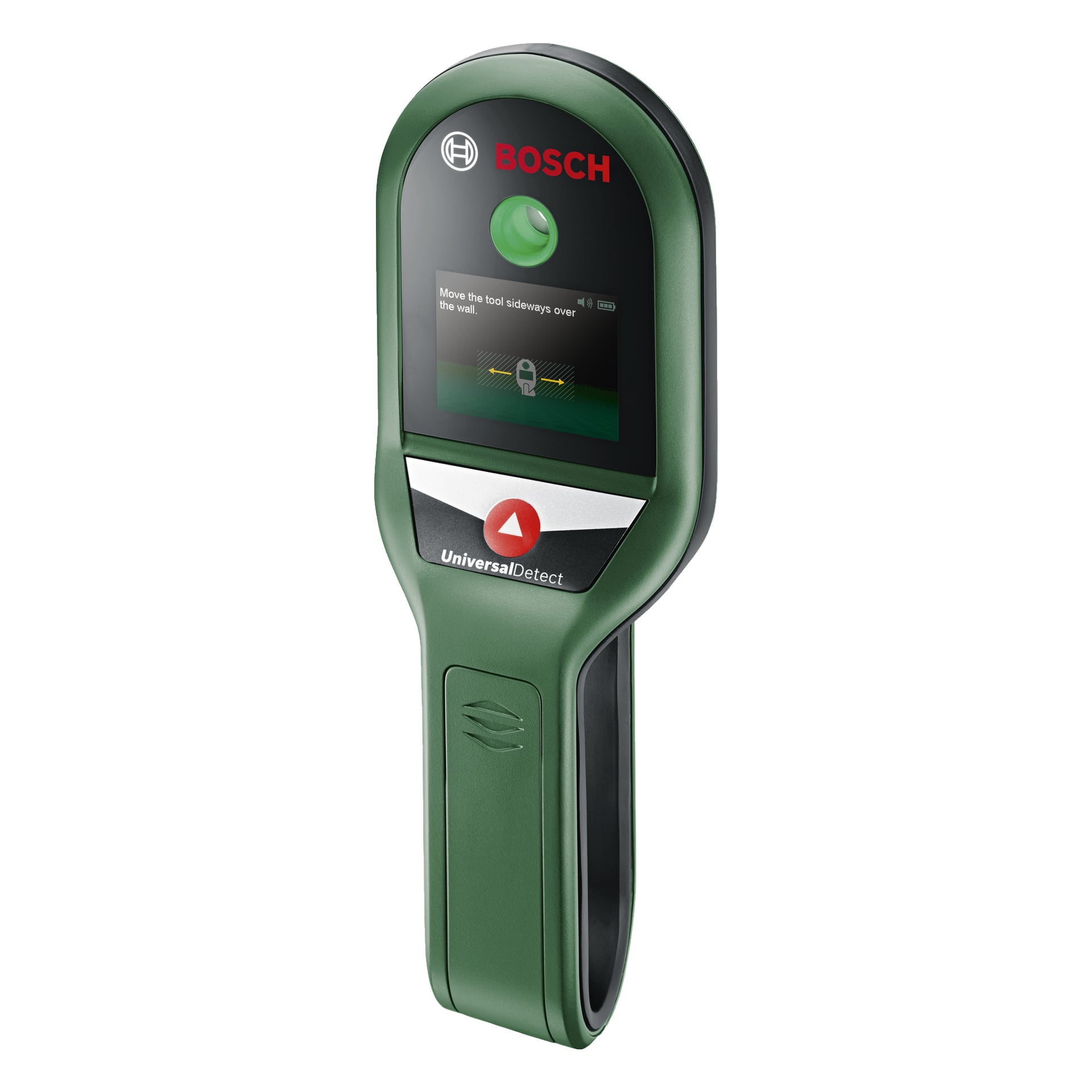 En grön Bosch UniversalDetect multidetektor visar instruktioner på sin skärm för att skjuta verktyget sidledes längs en vägg. Under skärmen finns en grön knapp och en röd triangulär knapp.