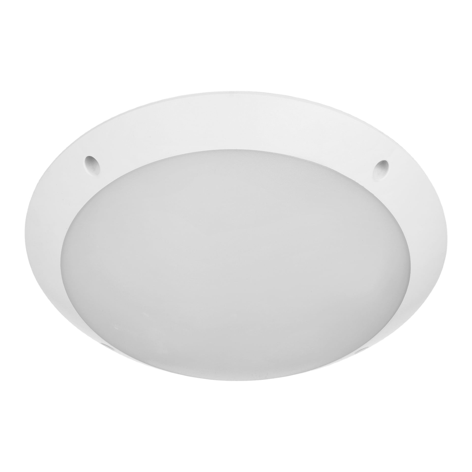 En cirkulär vit Anslut-taklampa med infälld design, slät finish och två små skruvhål placerade på motsatta sidor av ytterkanten.