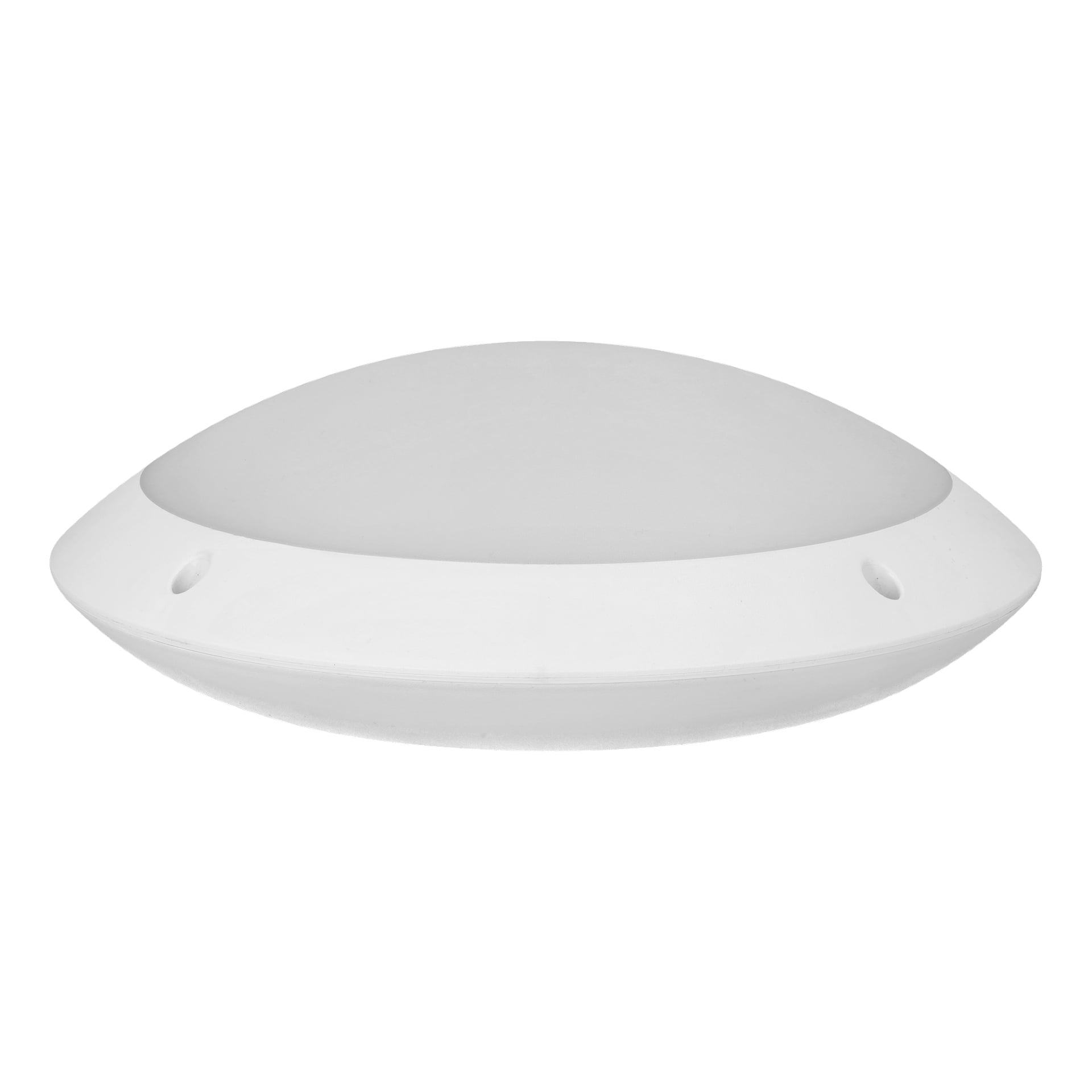 En sidovy av Anslut-taklampan visar en vit, kupolformad LED-armatur med ett slankt, rundat utseende och två skruvhål.