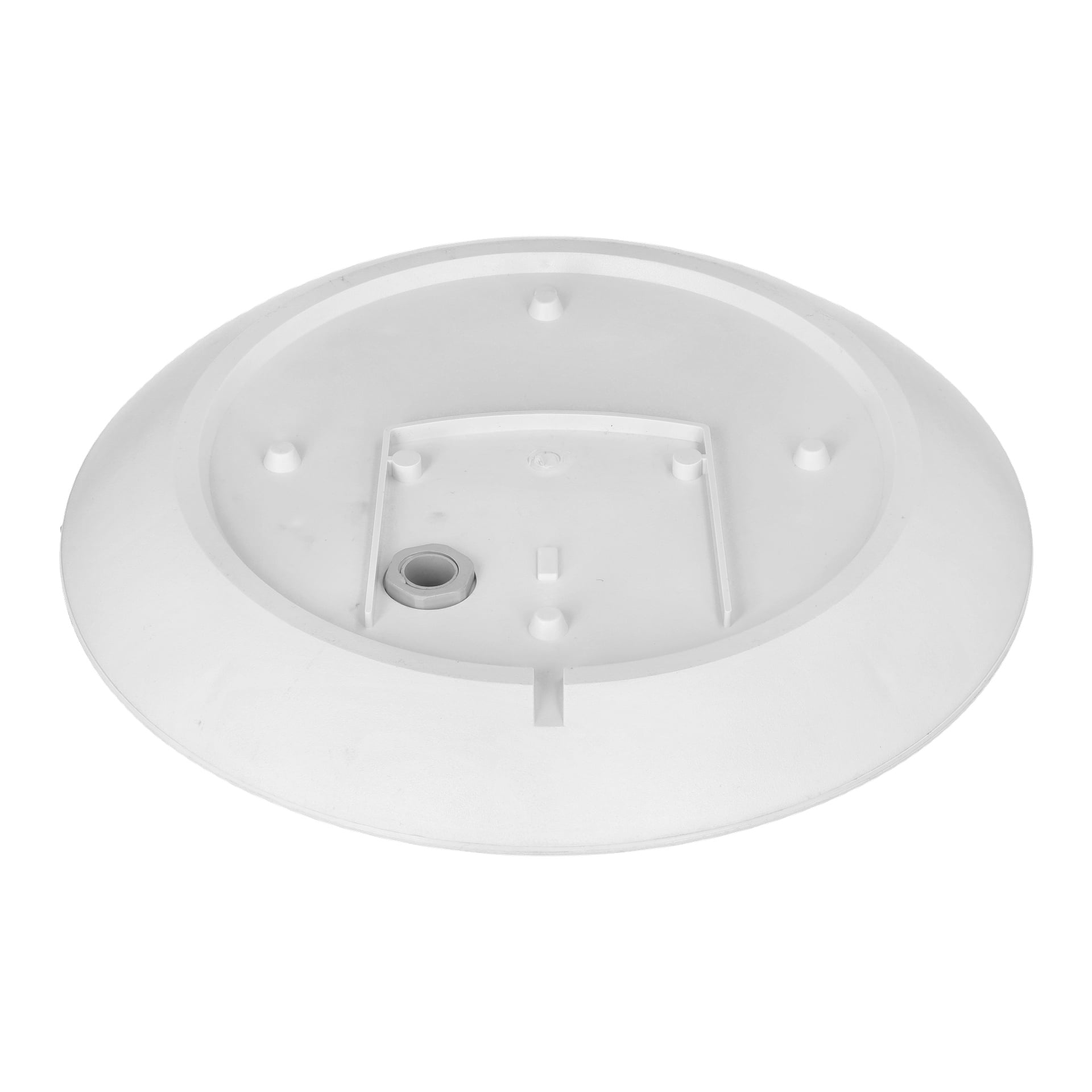 En rund vit plastbas från Anslut Ceiling Light, som visar en slät, tom yta med flera pluggar, en lätt upphöjd ytterkant, en central öppning och ett extra litet cirkulärt hål placerat nära kanten.