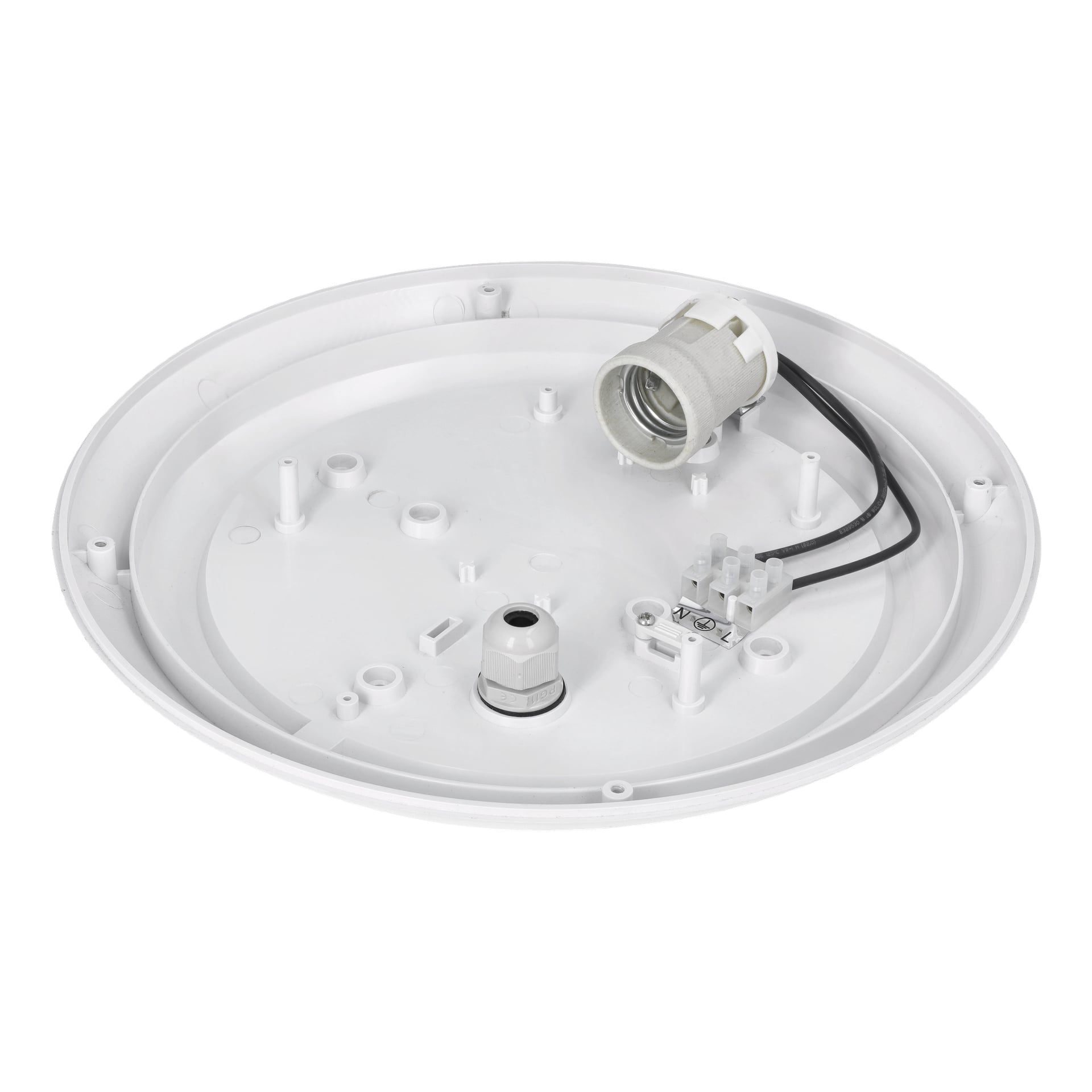 En rund, vit plastbas för en taklampa med exponerad elledning, en glödlampsockel och synliga fästeytor för montering. Lämplig att fästa i tak eller väggar.