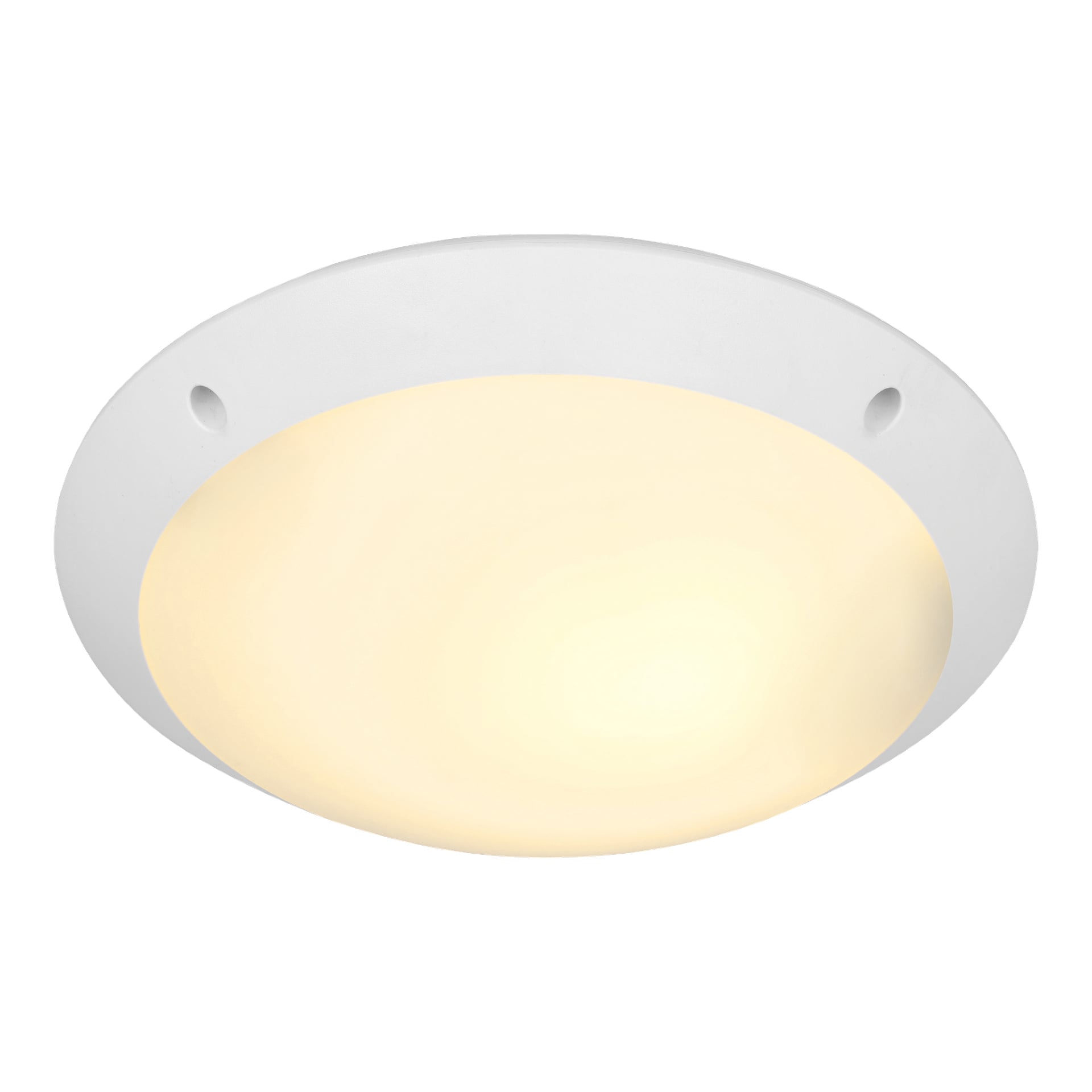 En rund, infälld taklampa med vit ram och frostat skydd. Armaturen ger mjuk, jämnt fördelad belysning och har två skruvhål synliga på motsatta sidor av ramen.