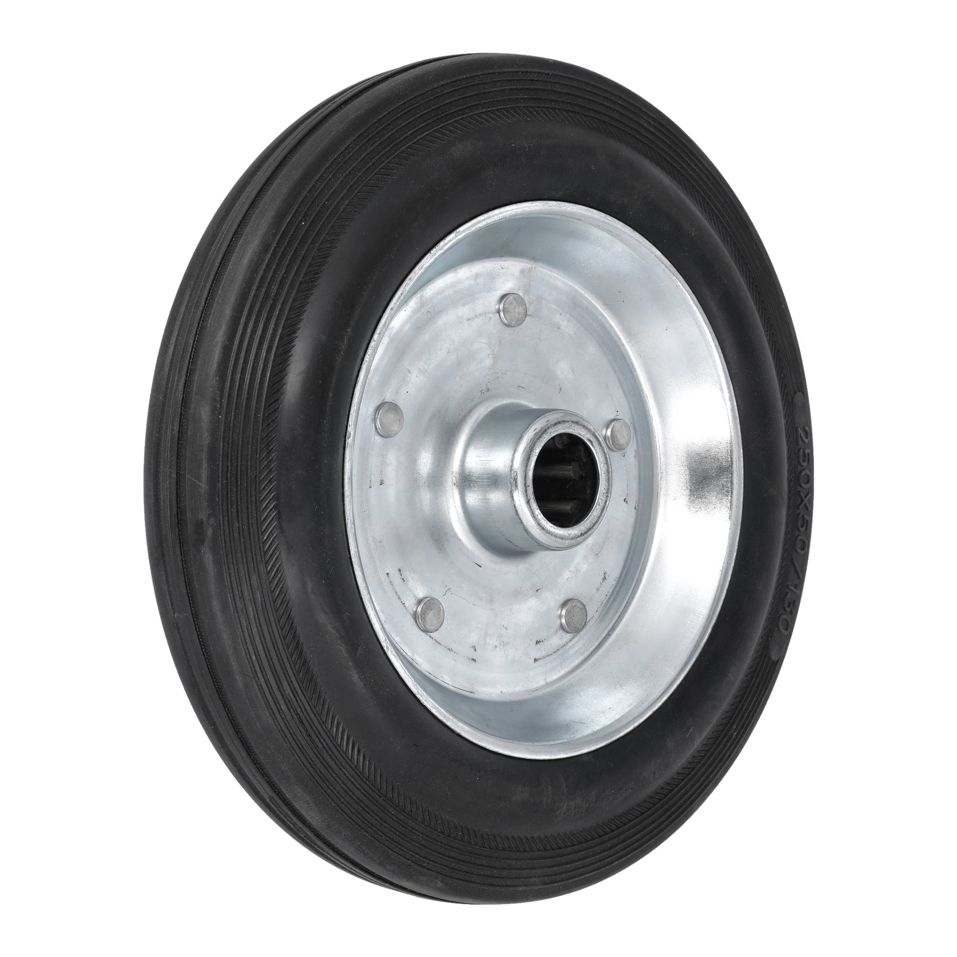 Ett Hamron-transporthjul med ett svart gummidäck som visar tydlig mönster och ett fläckfritt metallnav fäst med fyra bultar verkar vara i perfekt skick.