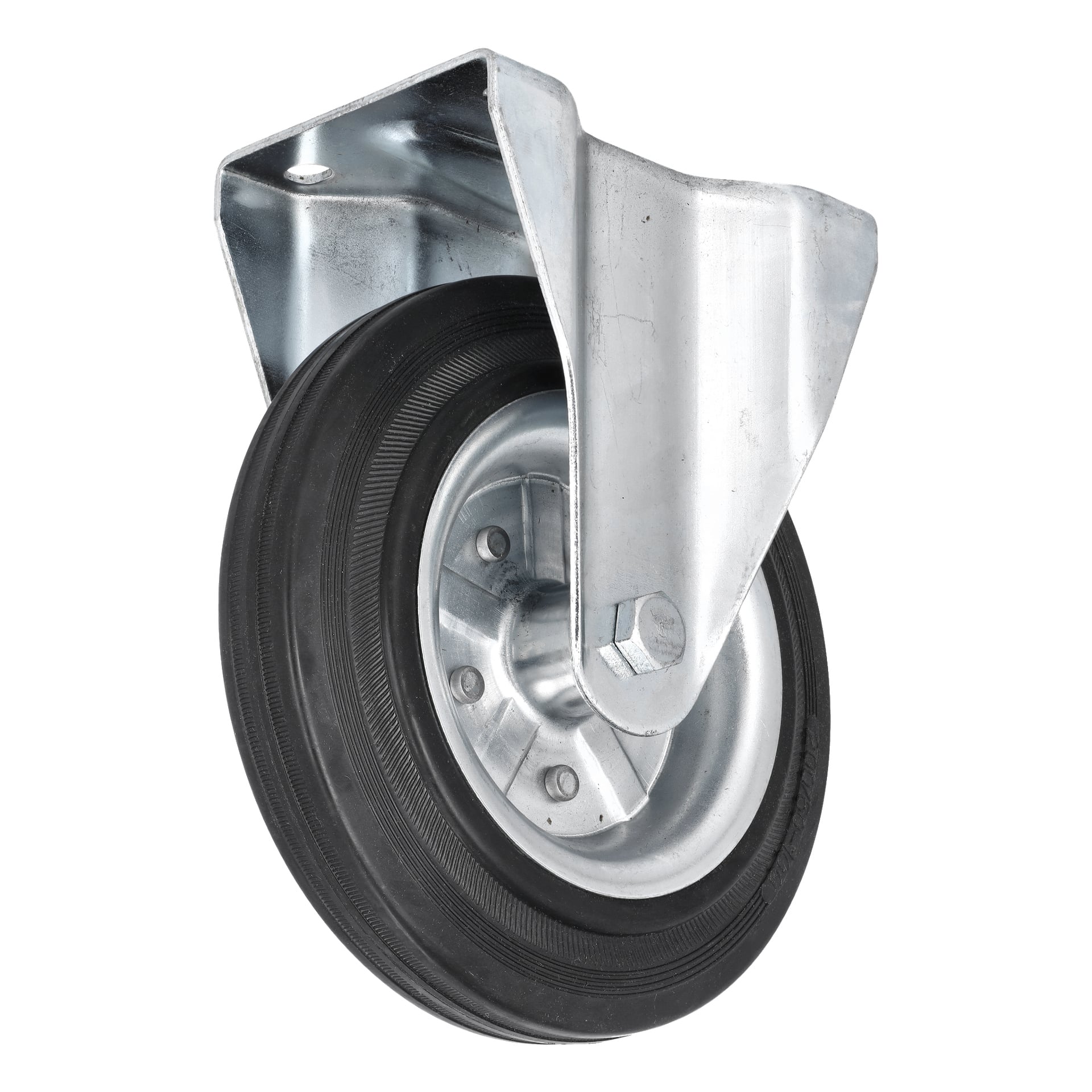 Hamron Transport-hjul med svängmekanism, fäst i ett metallfäste och utrustat med ett svart gummidäck.