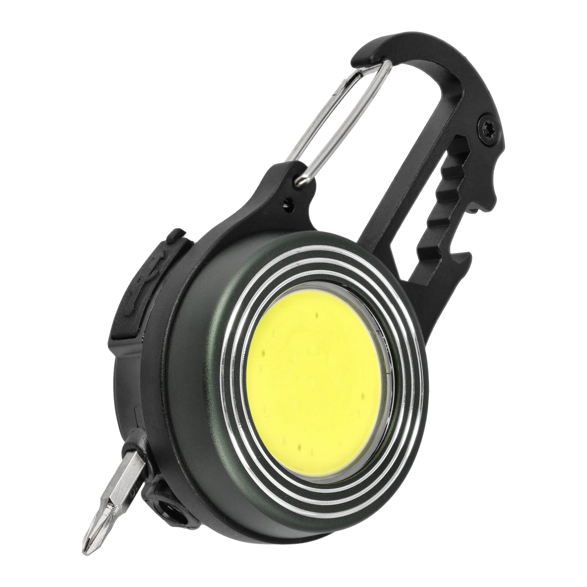 Anslut multifunktionsnyckelringsficklampa med en cirkulär LED-arbetslampa med gul mitt, kopplad till en svart karbinhake. Karbinhaken har en skiftnyckelformad egg och har en skruvmejselbit monterad på ena sidan.