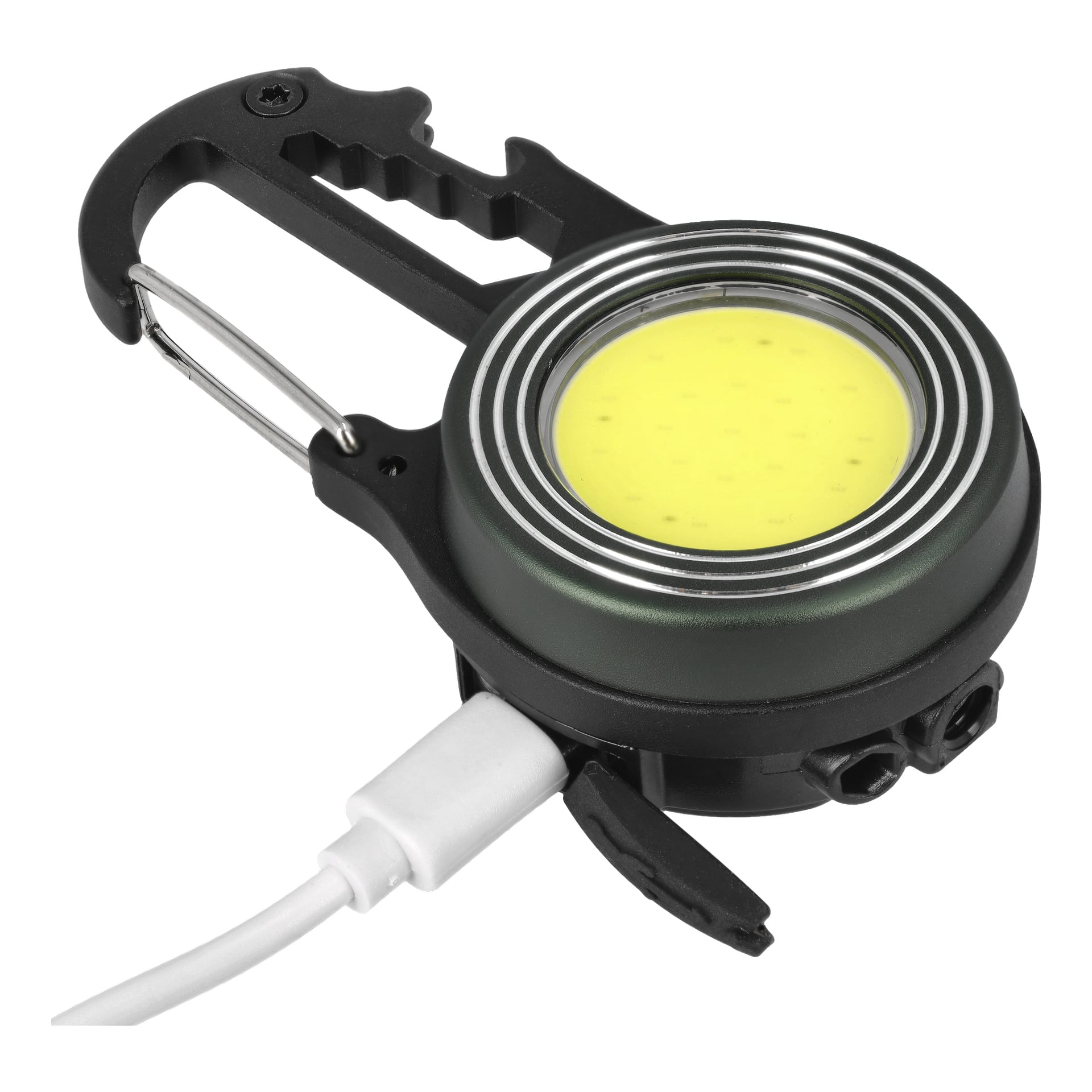 Ansluts multifunktionella nyckelringsficklampa har en cirkulär LED med gul mitt, kopplad till en svart karbinhake, och en vit laddningskabel inkopplad i basen.