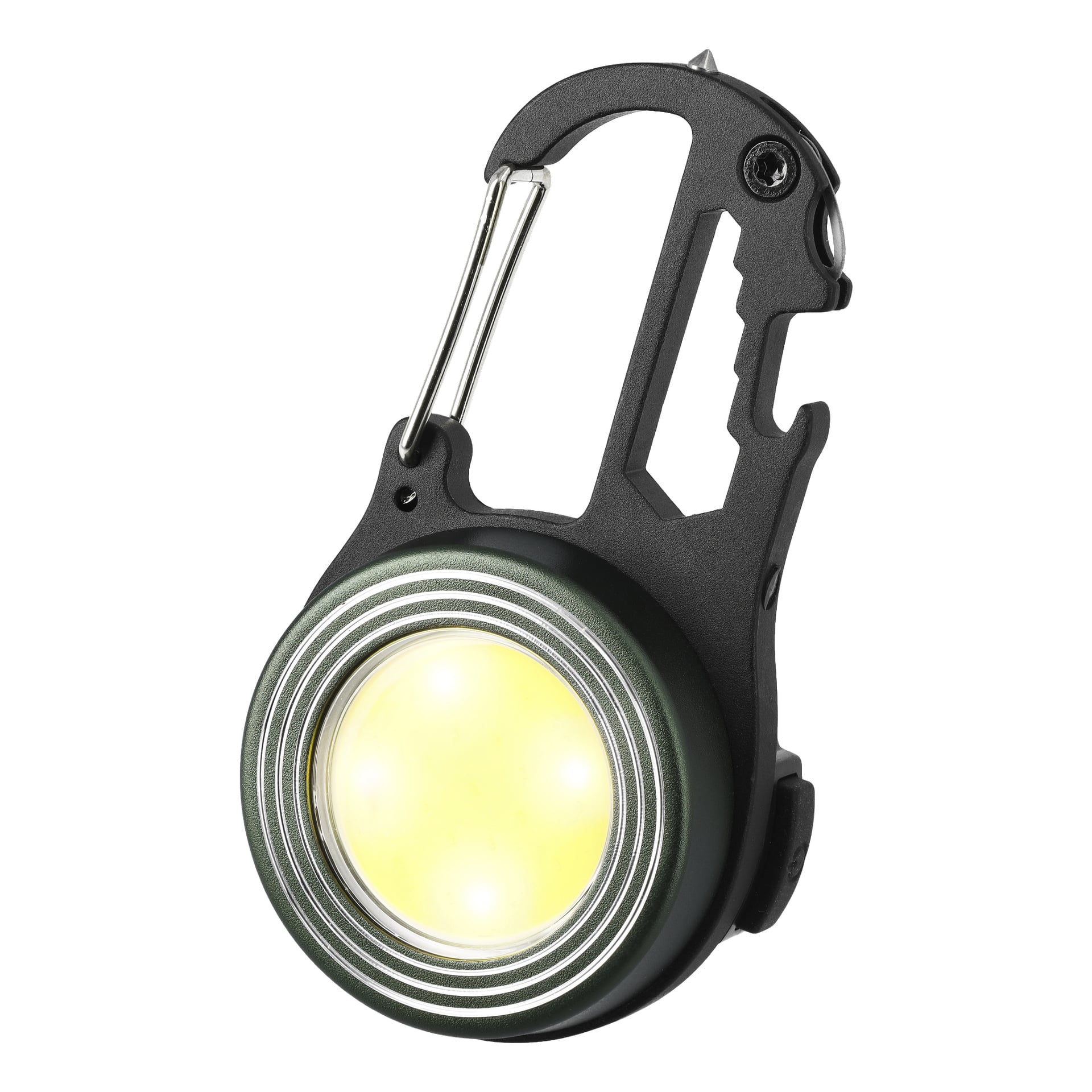 En kompakt, cirkulär LED-nyckelringsficklampa från Anslut är kopplad till en svart karbinhake med flera verktyg utrustad med en flasköppnare, flera skiftnyckelutskärare och ett stadigt metalllås. LED-lampan har räfflade kanter för bättre grepp.