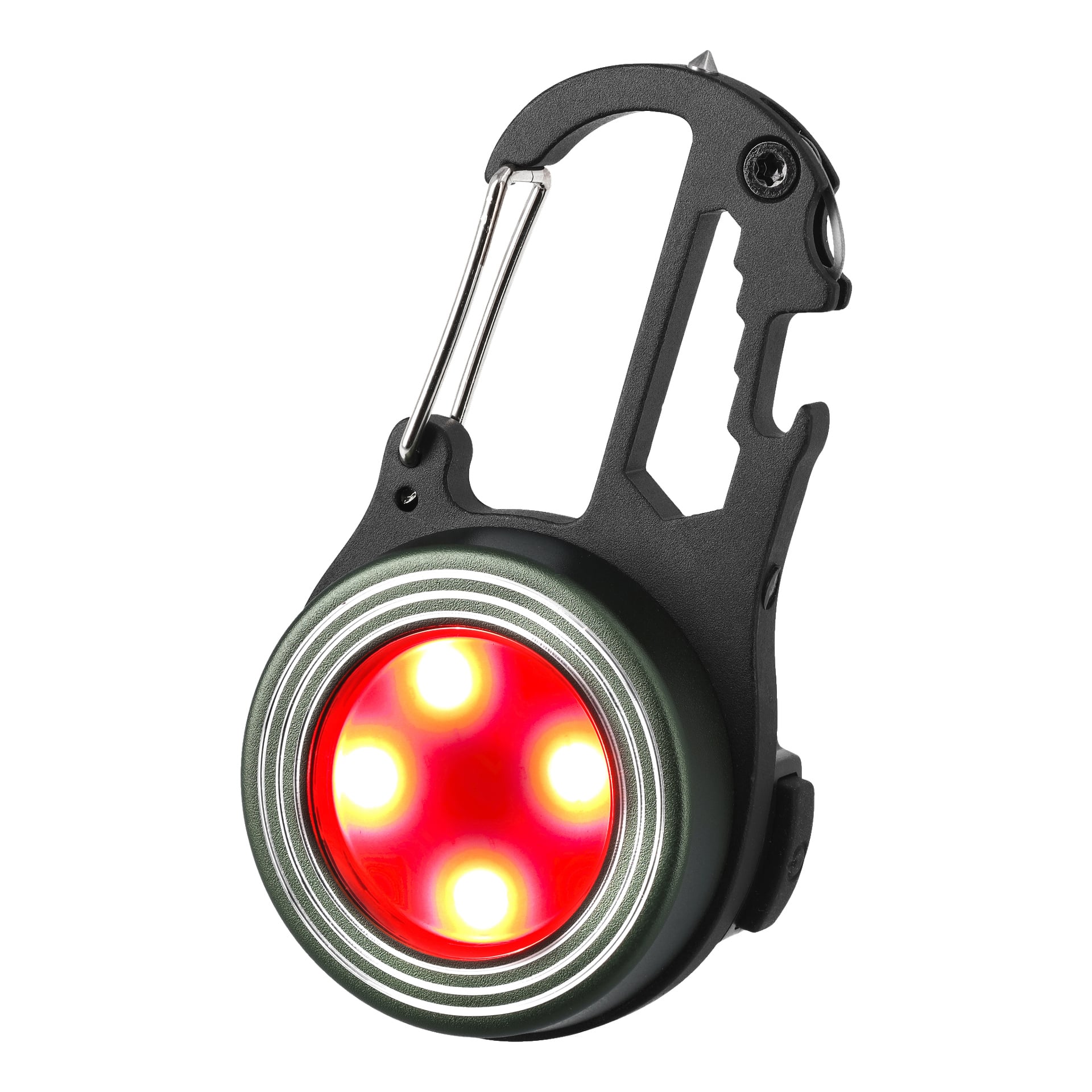 En svart Anslut multiverktygsnyckelring inkluderar en karbinhake, flera verktygsutskärningar och en rund LED-lampa med synliga röda och gula lampor.