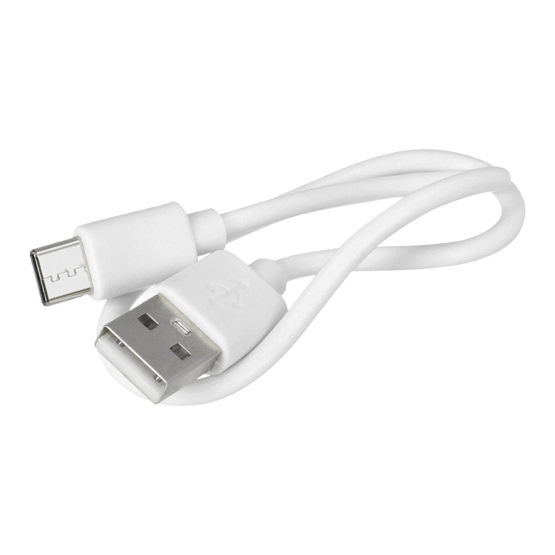 En liten vit Anslut-nyckelringsficklampa med flera funktioner, visad med en spiralad kabel som har en USB-A-kontakt i ena änden och en USB-C-kontakt i den andra.