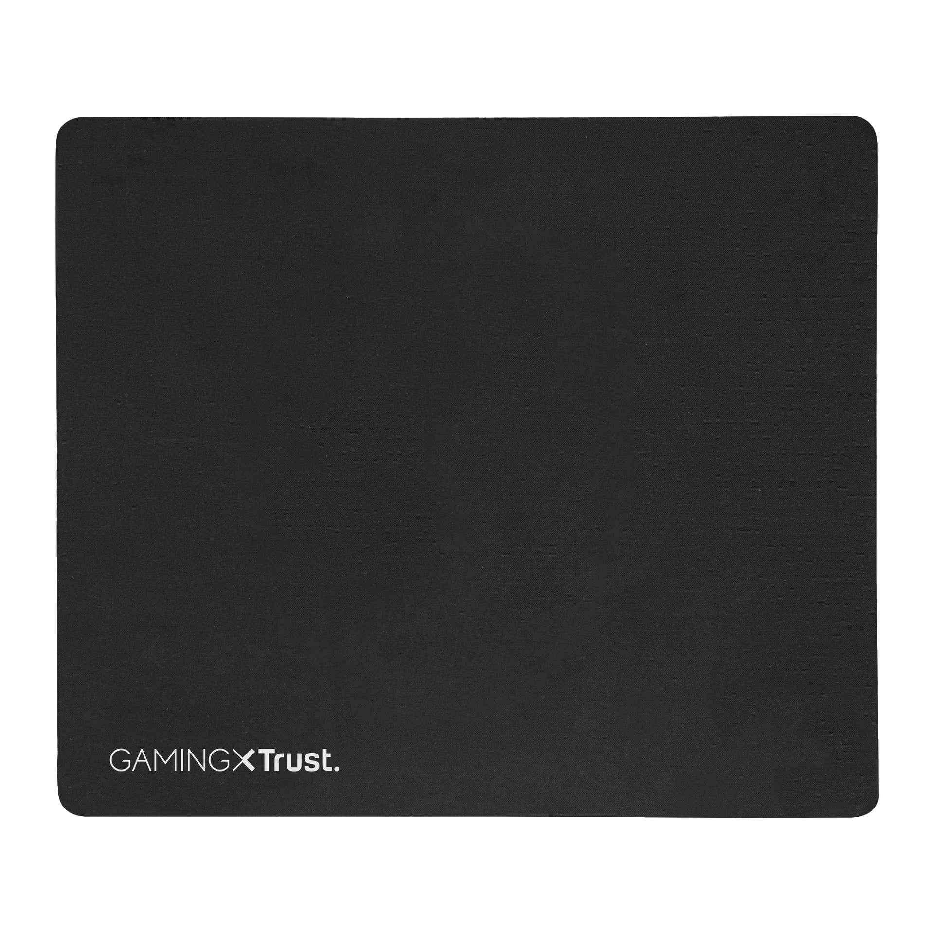 En enkel svart rektangulär Trust Mouse Mat GXT 754 med "GAMING X Trust." i vit text nere till vänster. Ytan är solid och odekorerad, utan extra mönster eller markeringar.