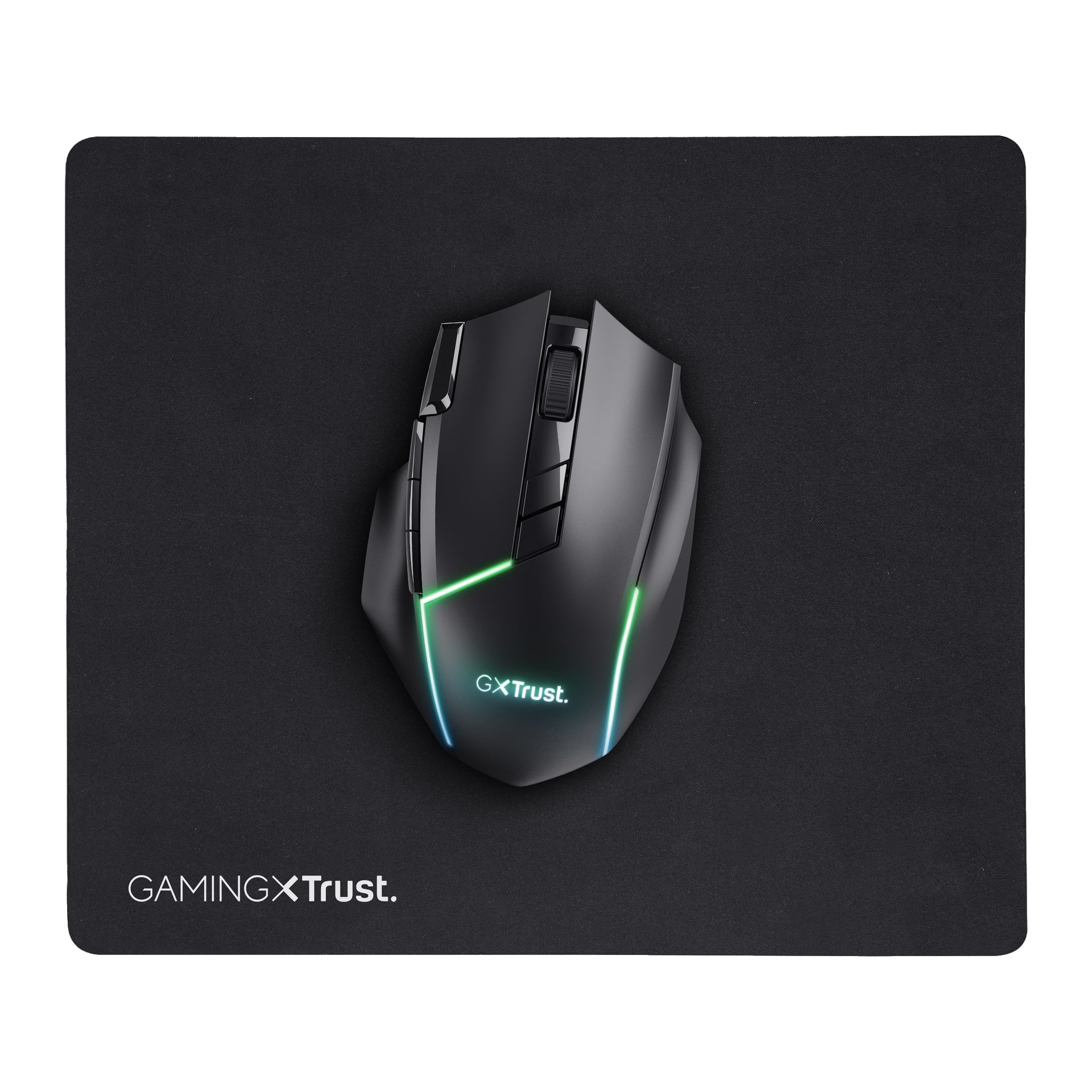 En svart Trust gamingmus med upplysta detaljer, sidoknappar och ett scrollhjul sitter på en Trust Mouse Mat GXT 754. Musmattan visar frasen "GAMING X Trust" i sitt nedre vänstra hörn.