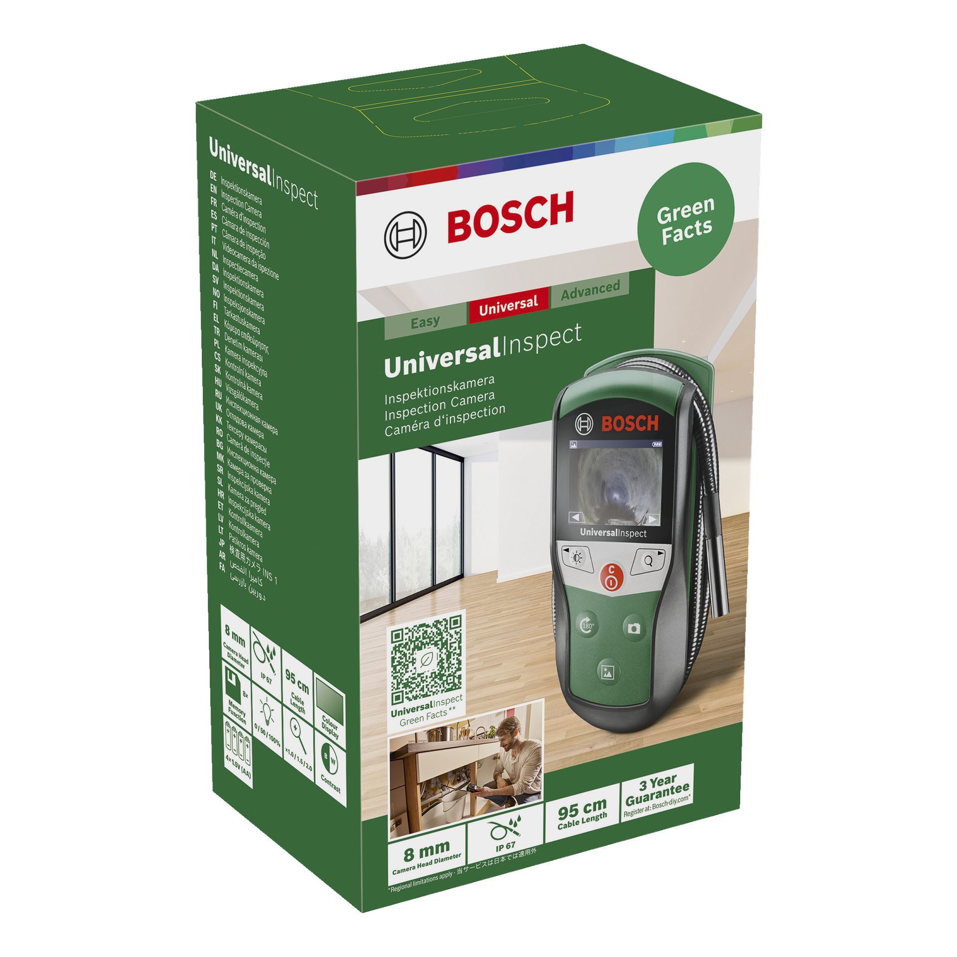 Bosch UniversalInspect Inspection Camera levereras i en grön och vit låda som visar produktbilder, viktiga specifikationer, en QR-kod och höjdpunkter som ett 8 mm-objektiv, 95 cm kabellängd och 3 års garanti. Lådan innehåller även märken för 'Green Facts' och 'Universal'.