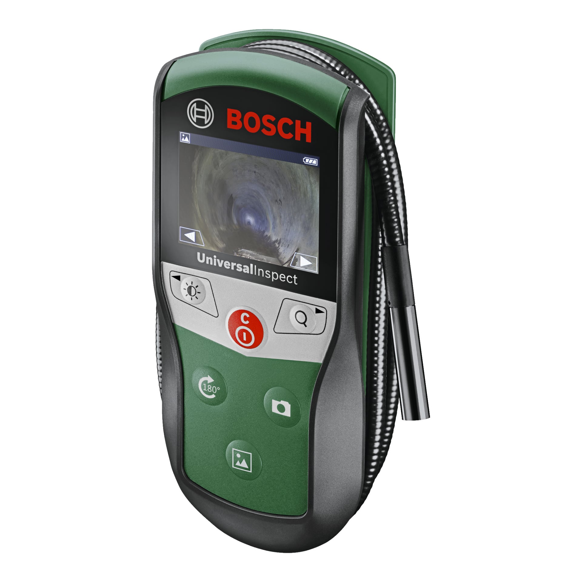 En Bosch UniversalInspect-inspektionskamera som visar skärmen och visar en intern vy, utrustad med kontrollknappar och en flexibel prob som sträcker sig från sidan.