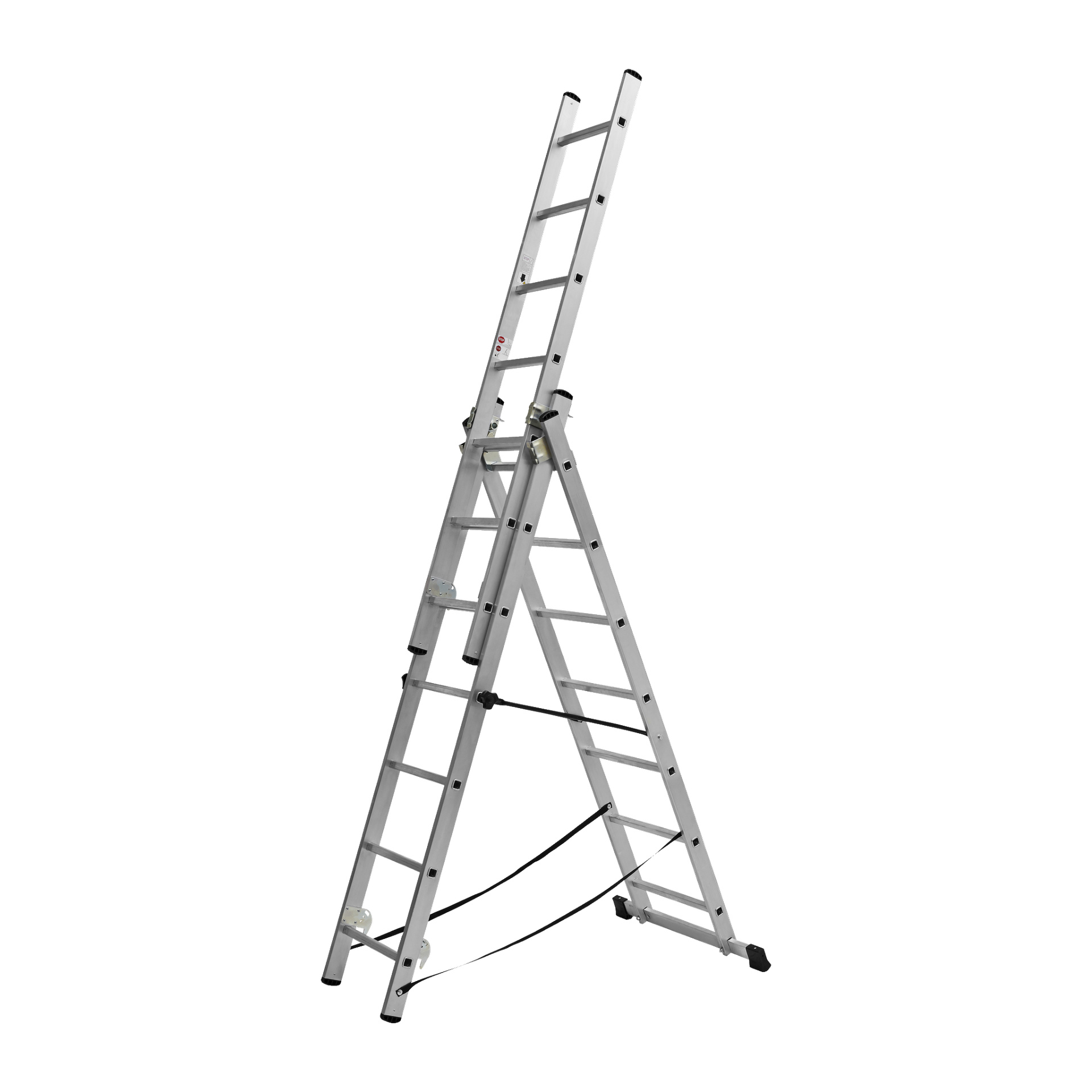 En Hard Head Combination-stege med trappläge och 3x7 steg är placerad i en förlängd A-ramform. De svarta gummifötterna säkerställer stabilitet, och säkerhetsskydd binder ihop benen för stöd.