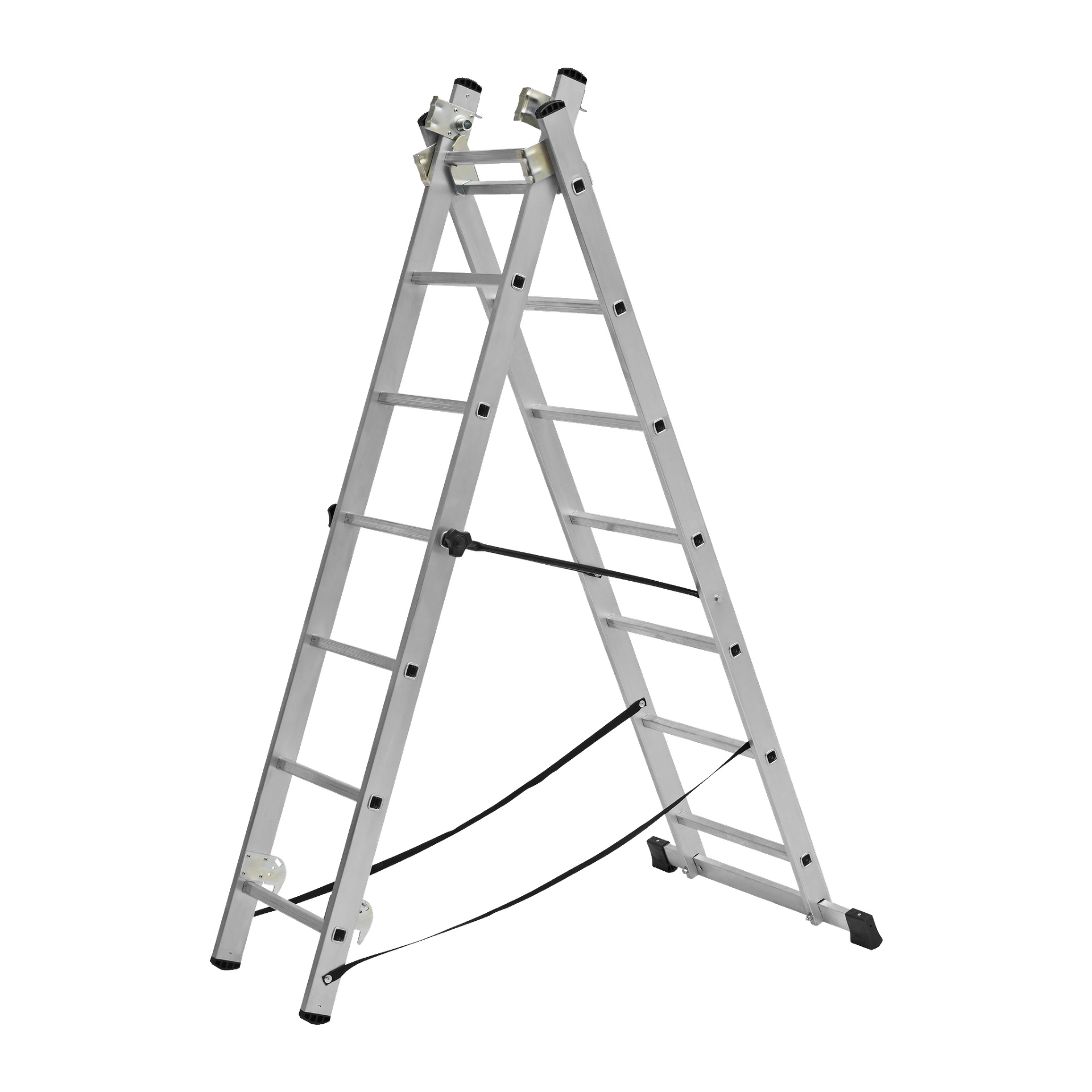 Hard Head Combination-stegen med trappfunktion 3x7 steg är en silverfärgad, fällbar aluminiumstege placerad i en A-ram, utrustad med svarta gummifötter för stabilitet och säkerhetsremmar som binder ihop de två sidorna.