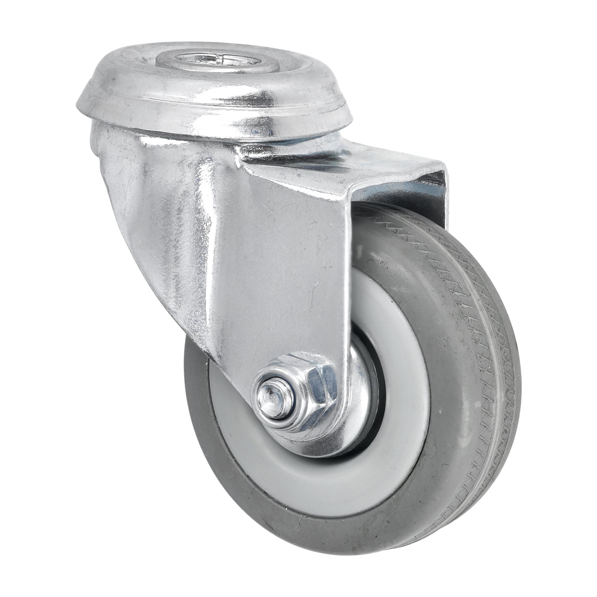 En grå och silverfärgad Hamron Castor med svängmekanism och robust metallfäste, lämplig att fästa på vagnar eller möbler.