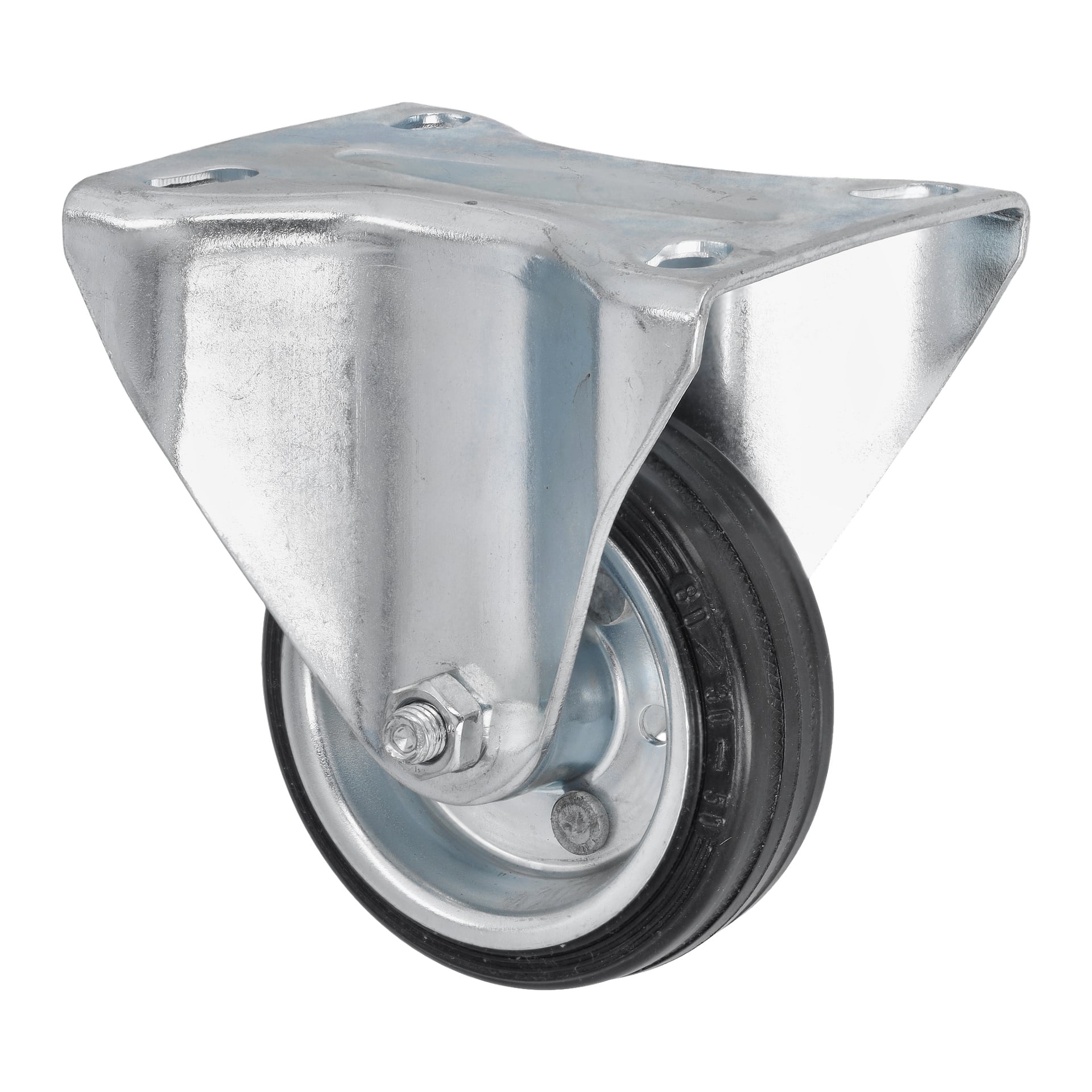 Ett metallhjul med svart gummidäck är fäst vid ett stadigt metallfäste, utformat för snabb och säker montering på vagnar eller utrustning för att förbättra rörligheten.
