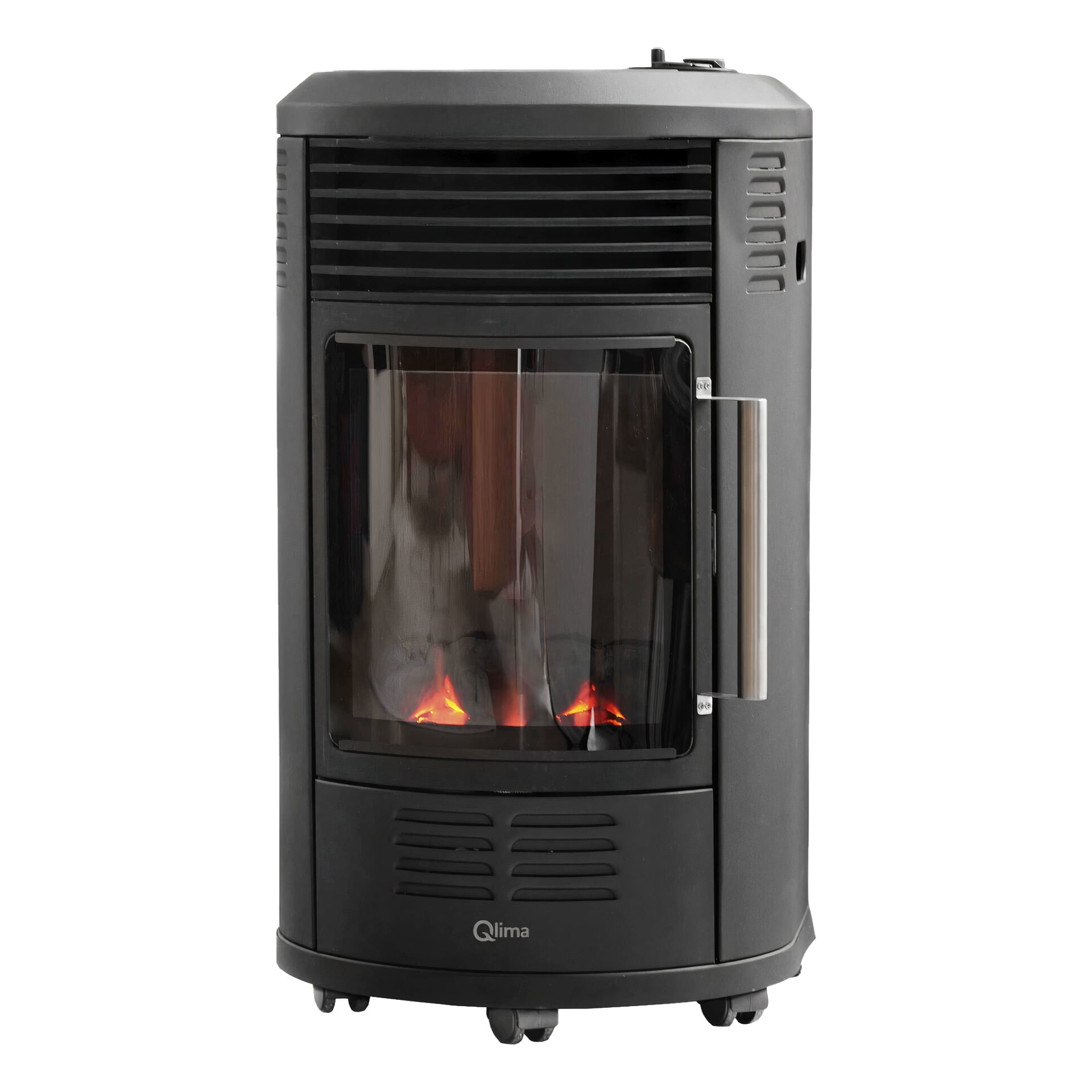 Qlima GH8034 LPG-spisen är en svart portabel värmare med en glasfront som visar konstgjorda lågor. Den har ett silverhandtag på höger sida, luftventiler upptill och ner, samt små hjul vid basen för smidig rörelse.