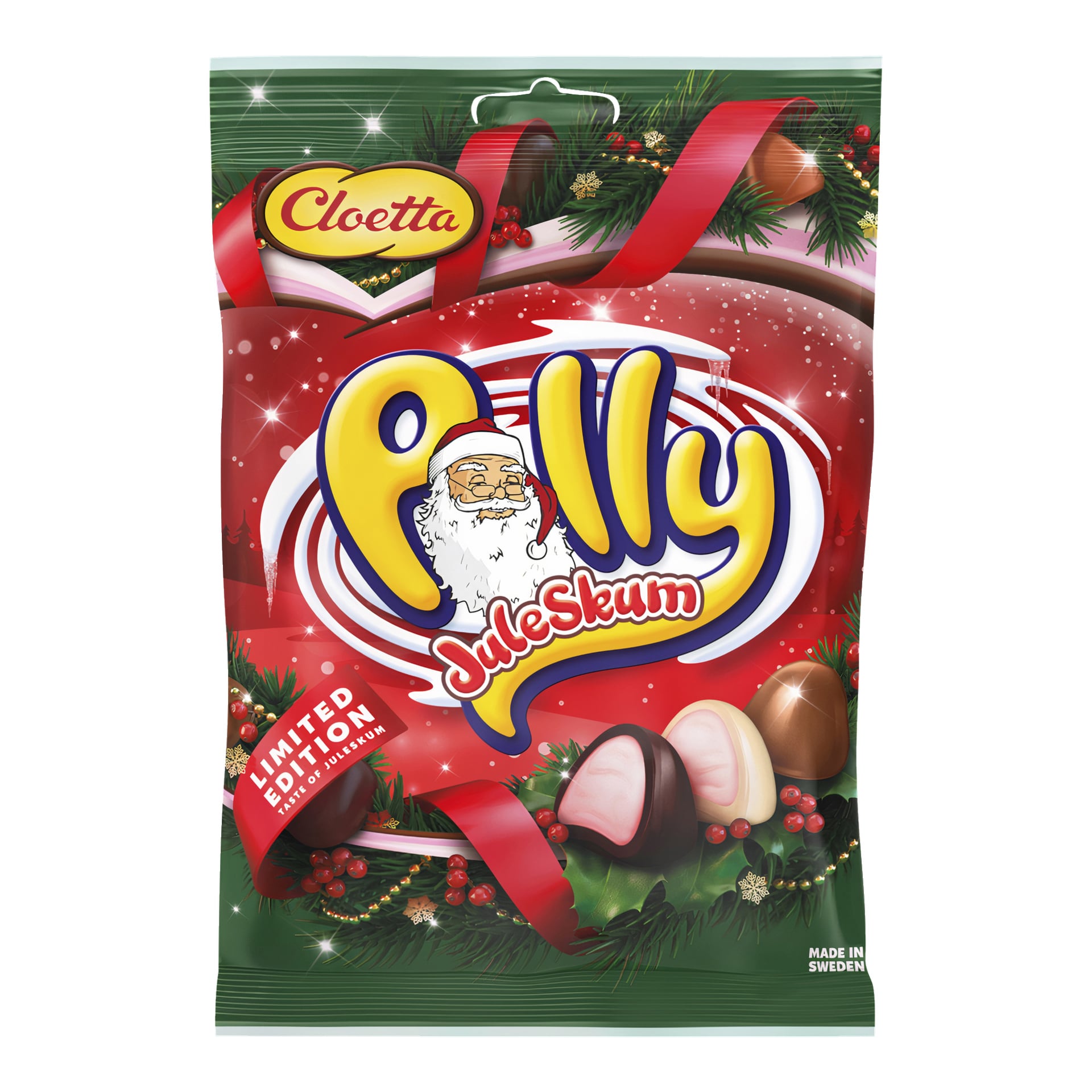 En festlig Cloetta Polly Juleskum limited edition-godispåse dekorerad med julgrönska, röda band och ett illustrerat tomteansikte på framsidan. Förpackningen visar rosa, vita och bruna godisar inuti och noterar att produkten är tillverkad i Sverige.