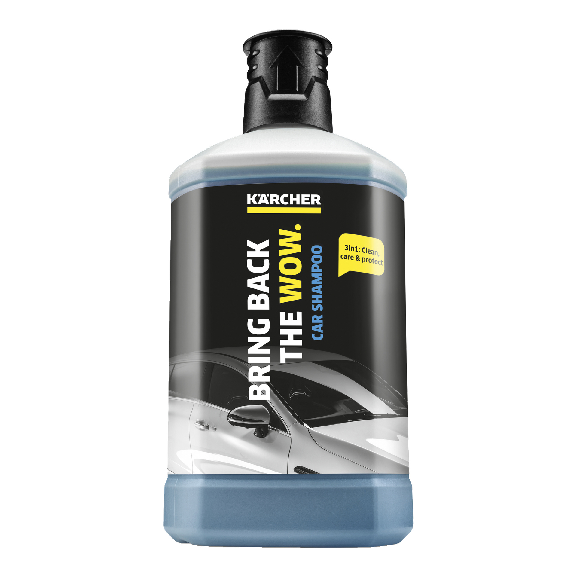 Kärcher Car -shampoo 3-in-1 Formula, Plug 'n' Clean -pullo, jonka etiketissä lukee BRING BACK THE WOW, CAR SHAMPOO ja 3in1: Clean, Care & Proservt.