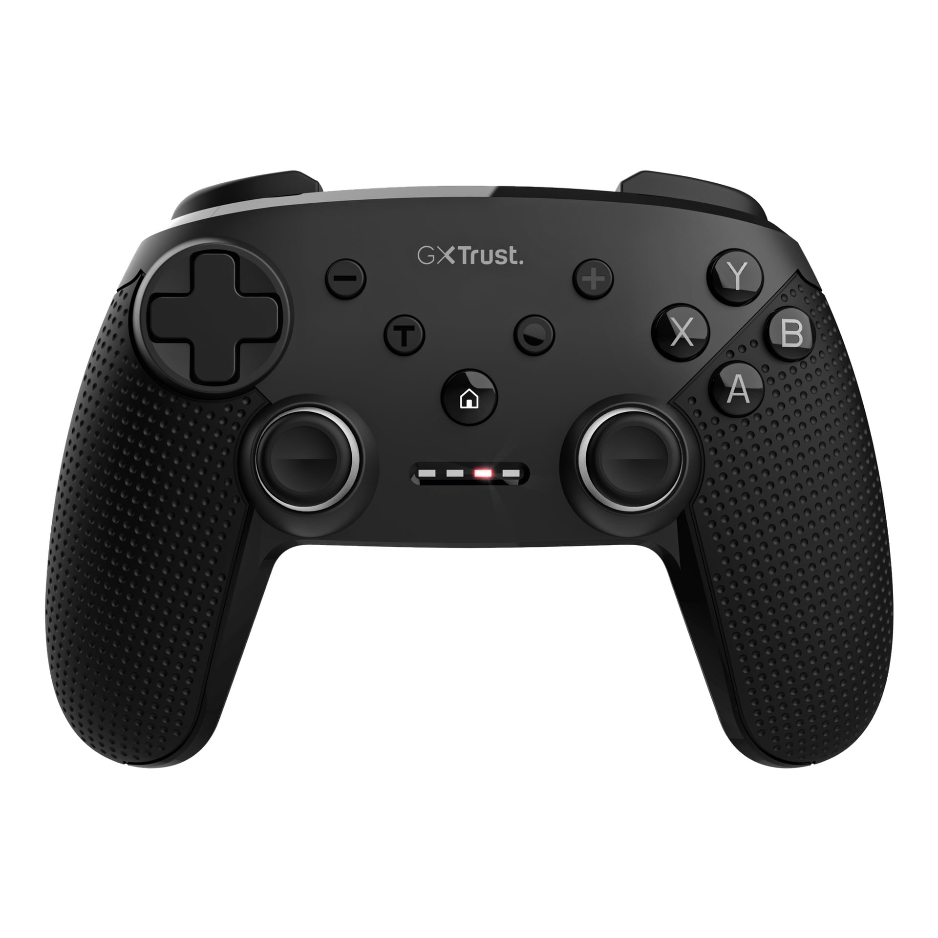 Den svarta Trust Wireless Controller GXT542 MUTA är designad med texturerade grepp, två analoga spakar, en styrkorset, fyra huvudknappar, axelknappar, centrala kontrollknappar och en liten tänd LED-indikator på framsidan.