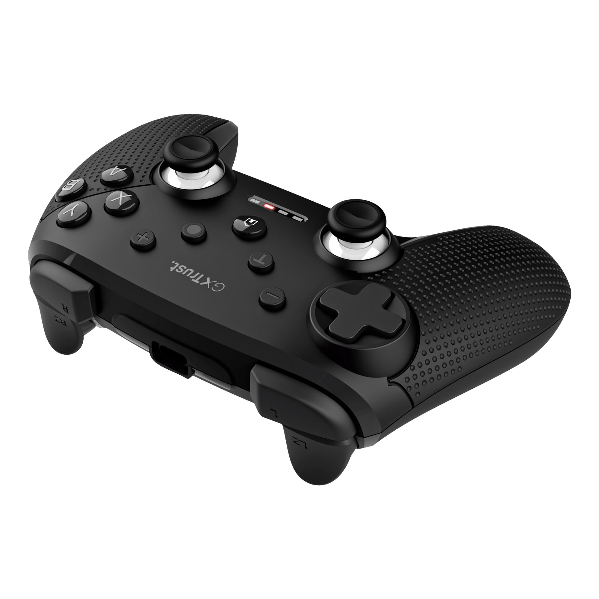 En svart Trust Wireless Controller GXT542 MUTA med texturerade grepp, flera knappar, två analoga spakar, en styrkors och axelknappar.
