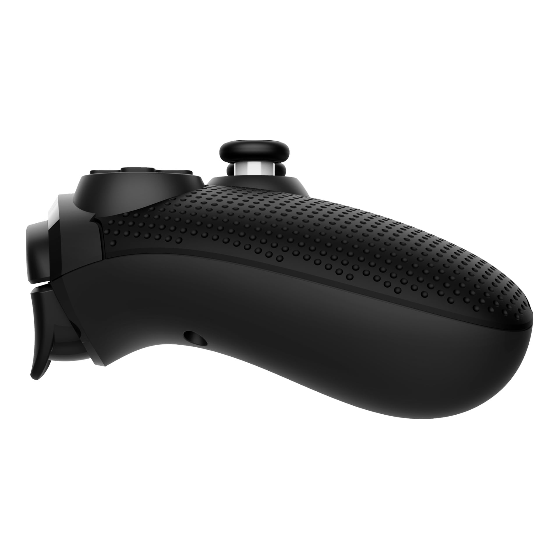 En sidoprofil på Trust Wireless GXT542 MUTA-kontrollen visar dess svarta, ergonomiska grepp med texturerade detaljer. Axelknapparna, analogspaken och triggern är tydligt synliga, alla designade för att maximera komforten under spel.