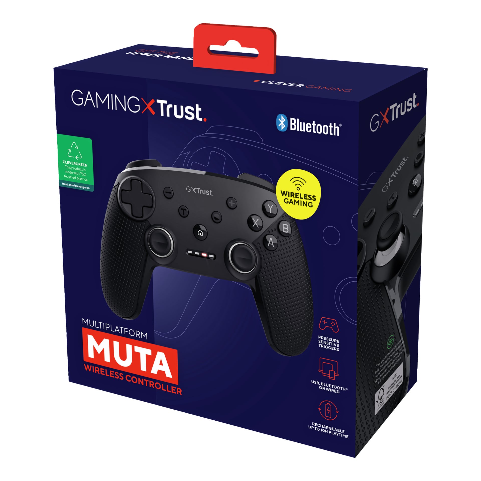 Förpackningen för Trust Wireless Controller GXT542 MUTA, som visar en bild på kontrollen och Trust-varumärket, med viktiga funktioner som Bluetooth-stöd, kompatibilitet med flera plattformar och USB-C-laddning tydligt synliga.