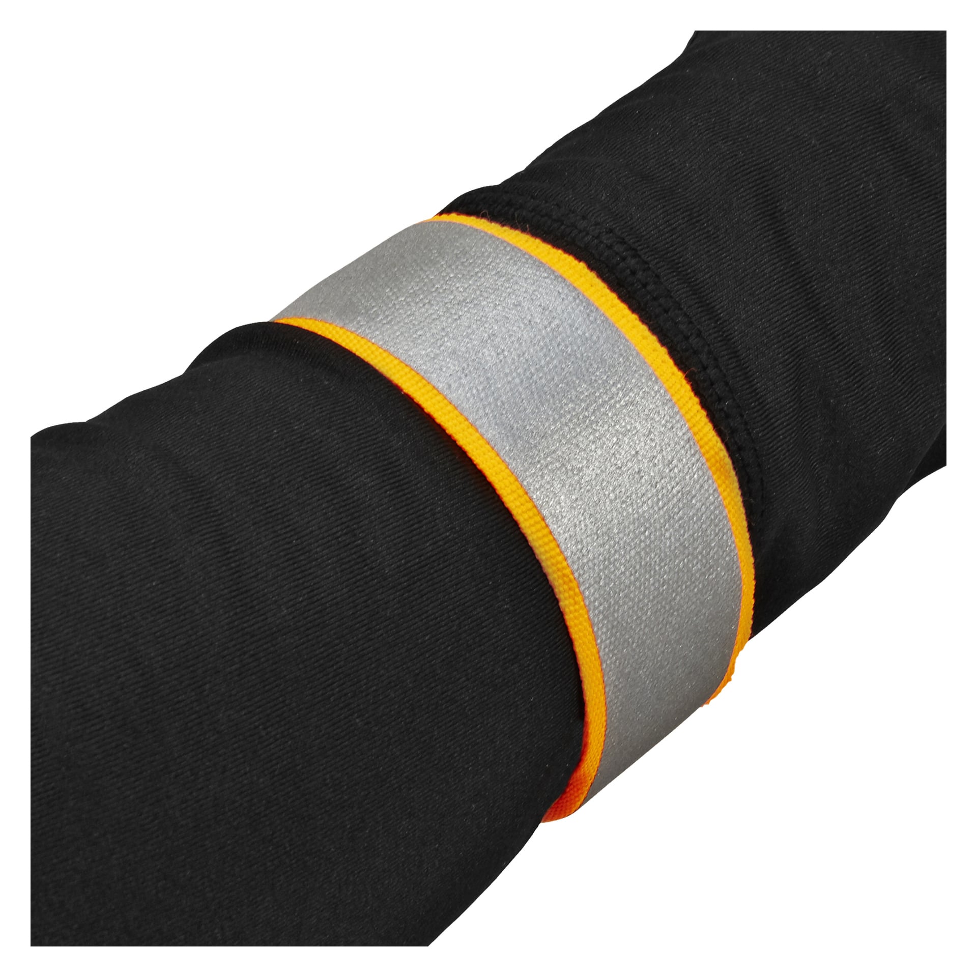 Ett Kayoba Outdoor Reflector-band från en tvåpack är lindat runt underarmen över en svart långärmad tröja, med orange kant och gjort av högsynligt skyddsmaterial.