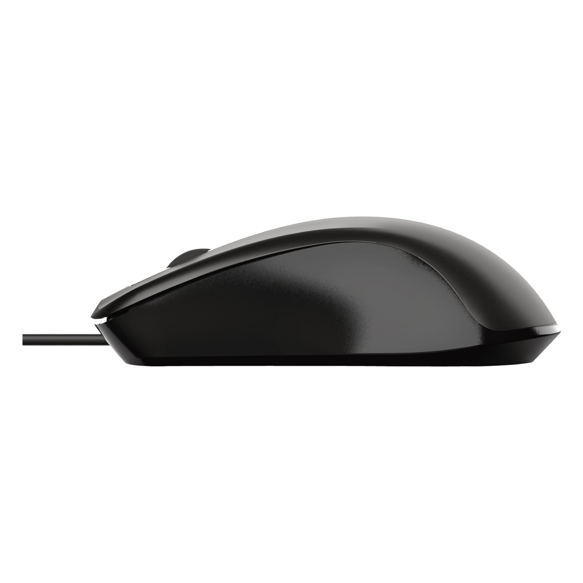 En svart Trust trådbunden datormus sedd från sidan, som framhäver dess ergonomiska kurvor och rullhjul.