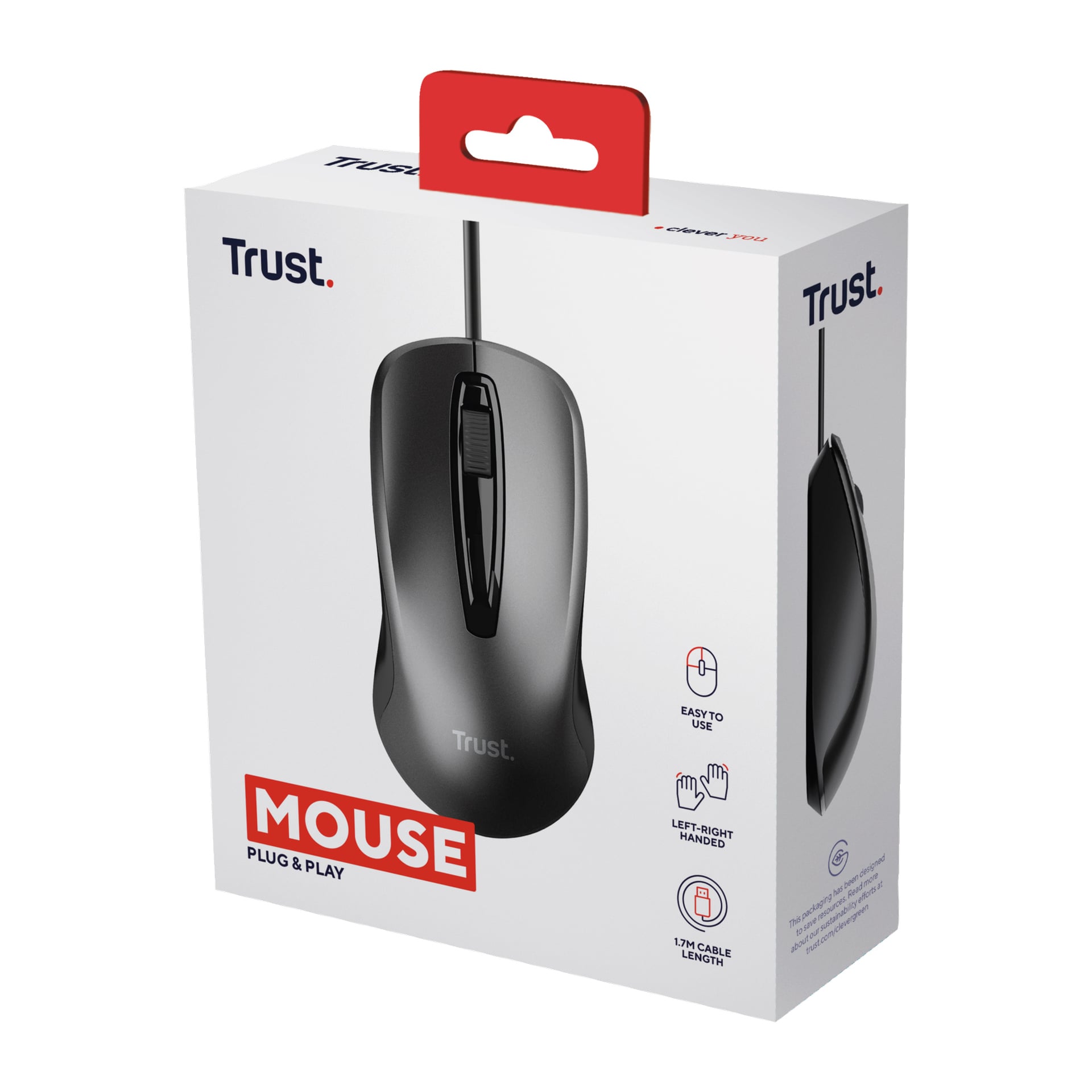 En svart Trust Computer Mouse visas inuti förpackningen, med viktiga funktioner som enkel användning, ambidextrous form och en 1,7 meter lång kabel som betonas på lådan. "MOUSE" skrivs med stora röda bokstäver längst ner på paketet.