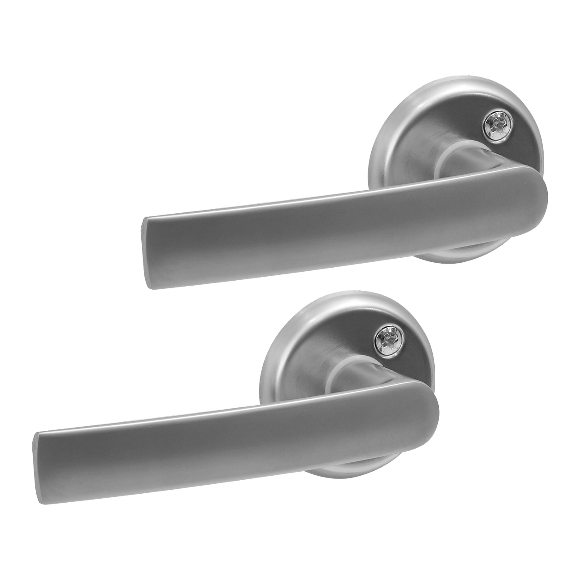 To Hard Head Interior dørhåndtak B Satin Chrome-håndtak vises side om side, hver montert på en rund base med to skruer. De slanke, moderne satengkromhåndtakene vender motsatt vei.