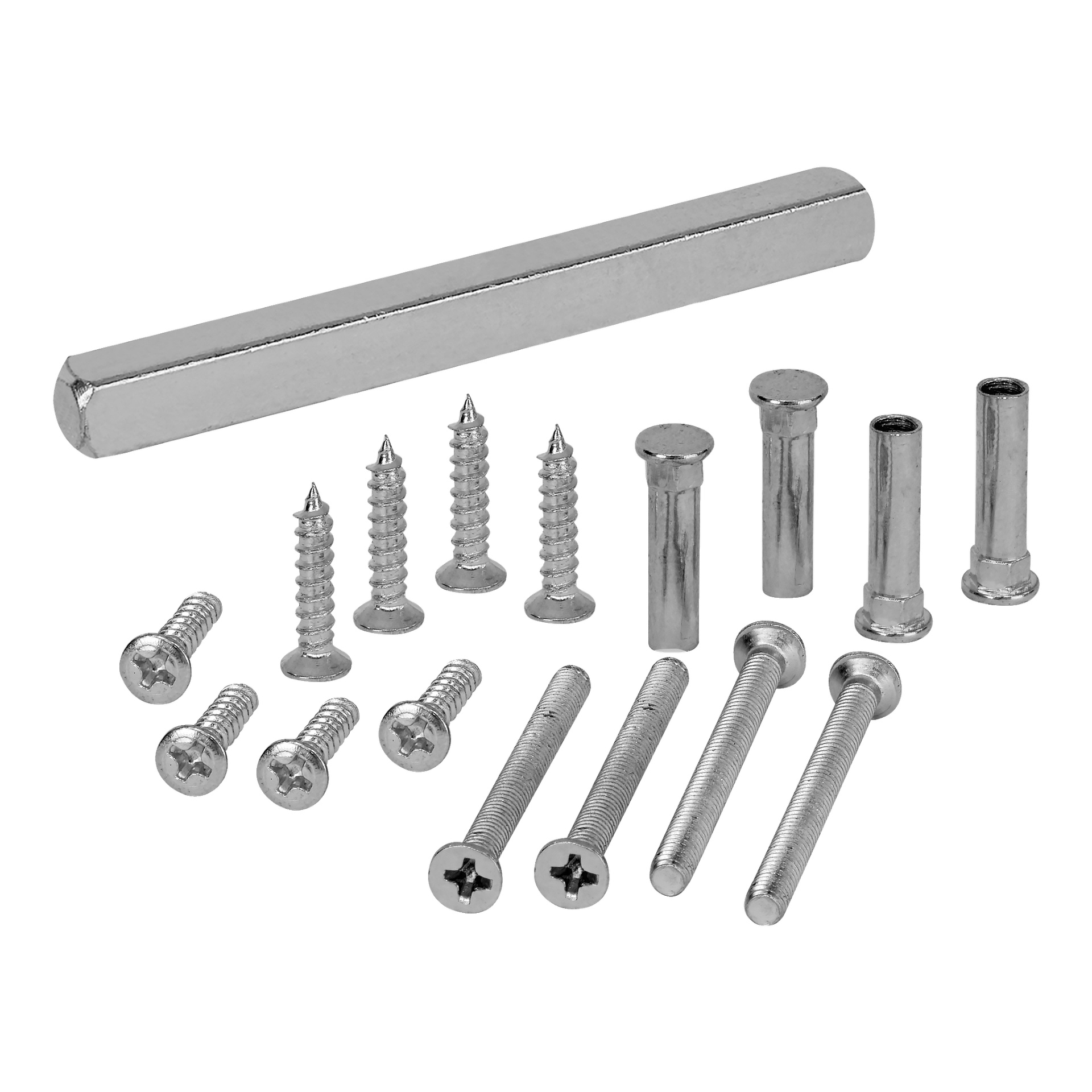 Ulike komponenter, som Hard Head Interior dørhåndtak B Satin Chrome, er arrangert sammen.