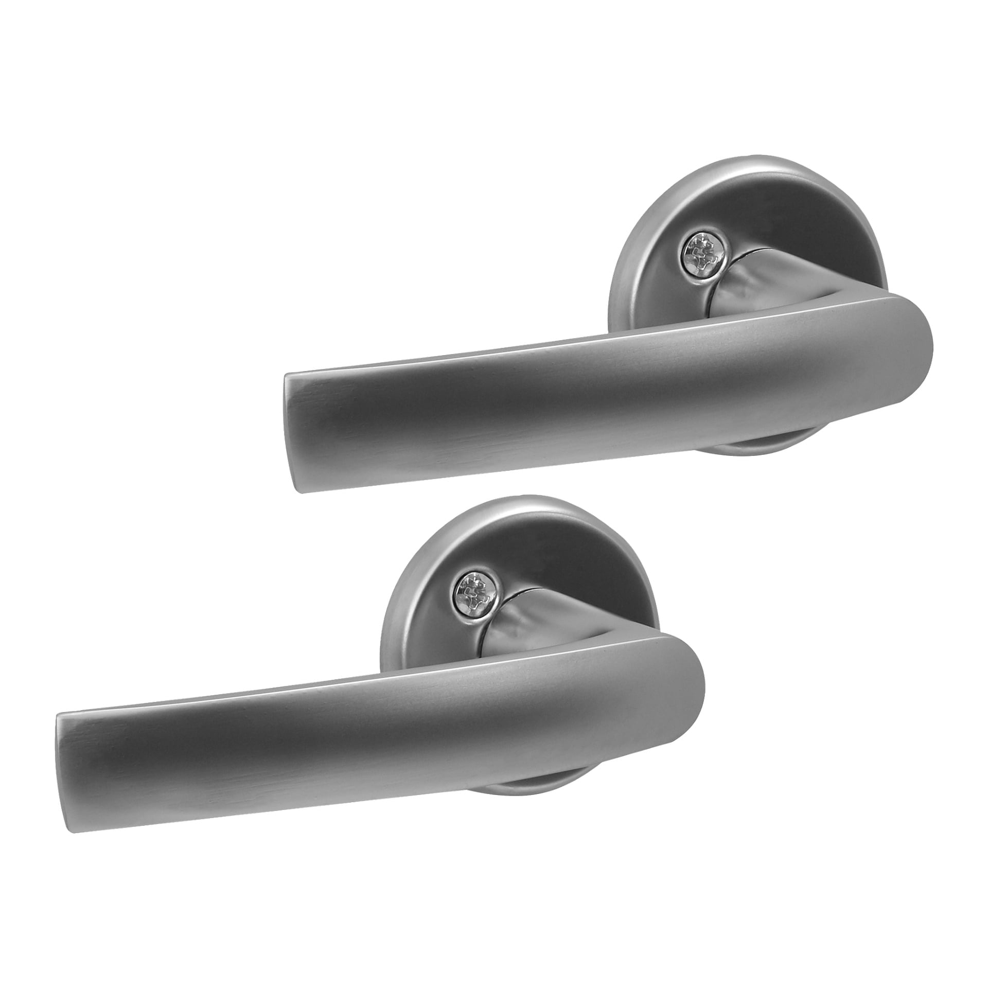 To sølvfargede metall Hard Head interiørdørhåndtak med et slankt, svakt buet moderne design, hver festet til en rund base med synlig skrue. Håndtakene er plassert side om side parallelt.