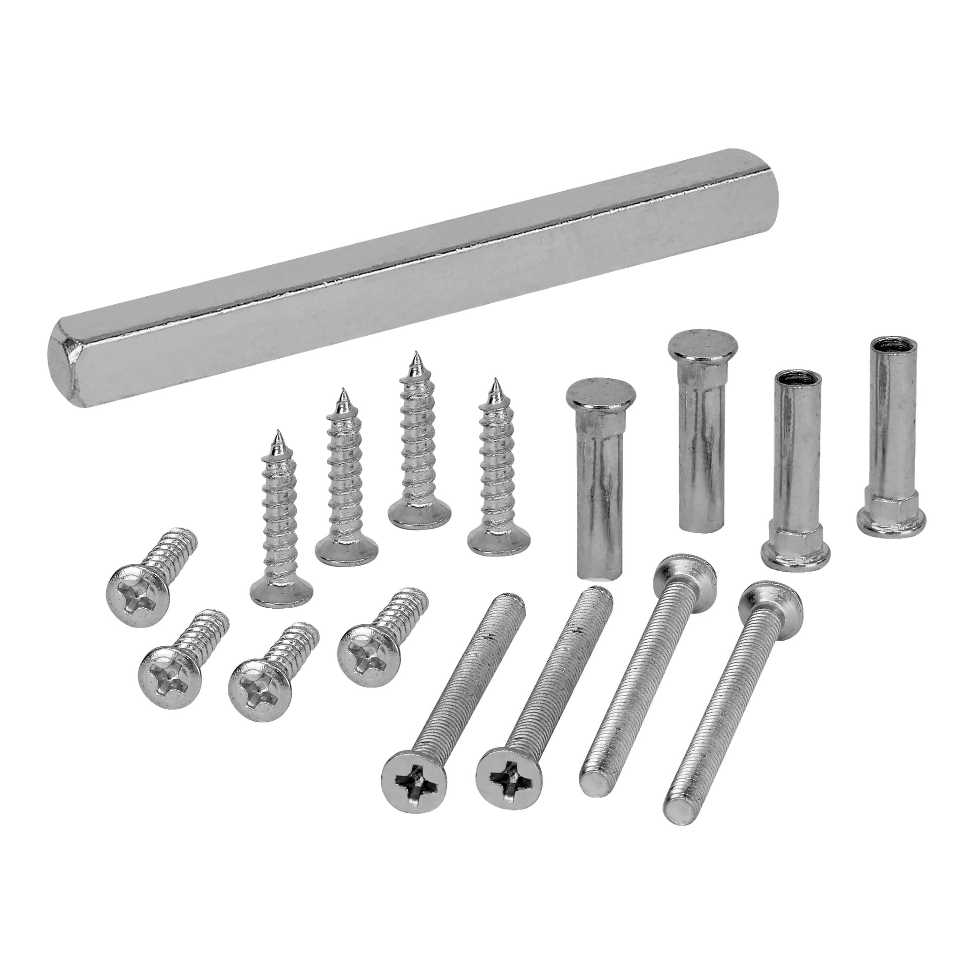 Verschiedene Metallkomponenten aus dem Hard Head Innentürgriff Ein Satinchrom-Set, wie Schrauben, Schrauben, Laufmutschen und eine sechseckige Stange, sind ordentlich angeordnet.