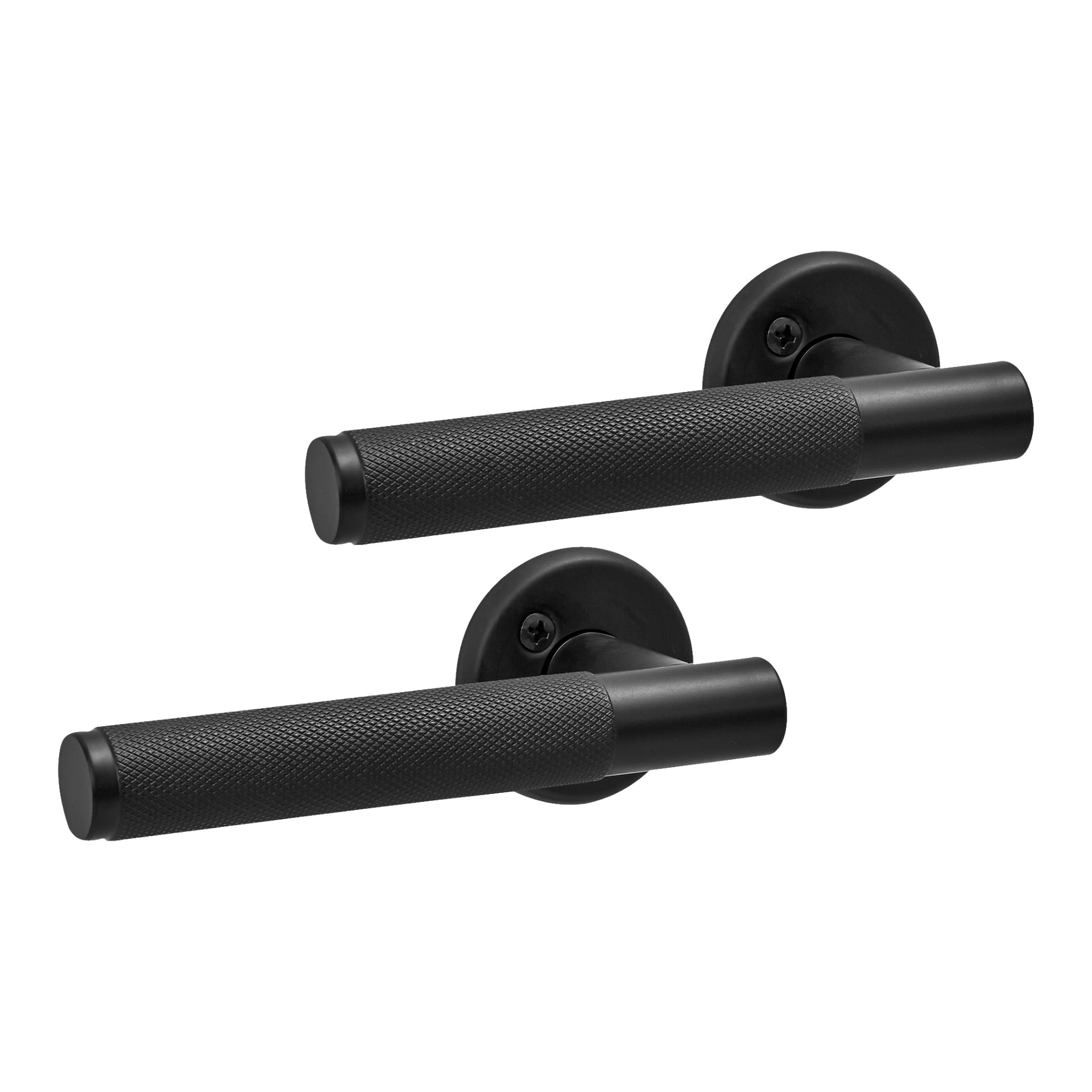 Zwei schwarze Hard Head Innentürgriff-B-Modelle mit zylindrischen Karosserien, strukturierten Griffen und runden Basen.