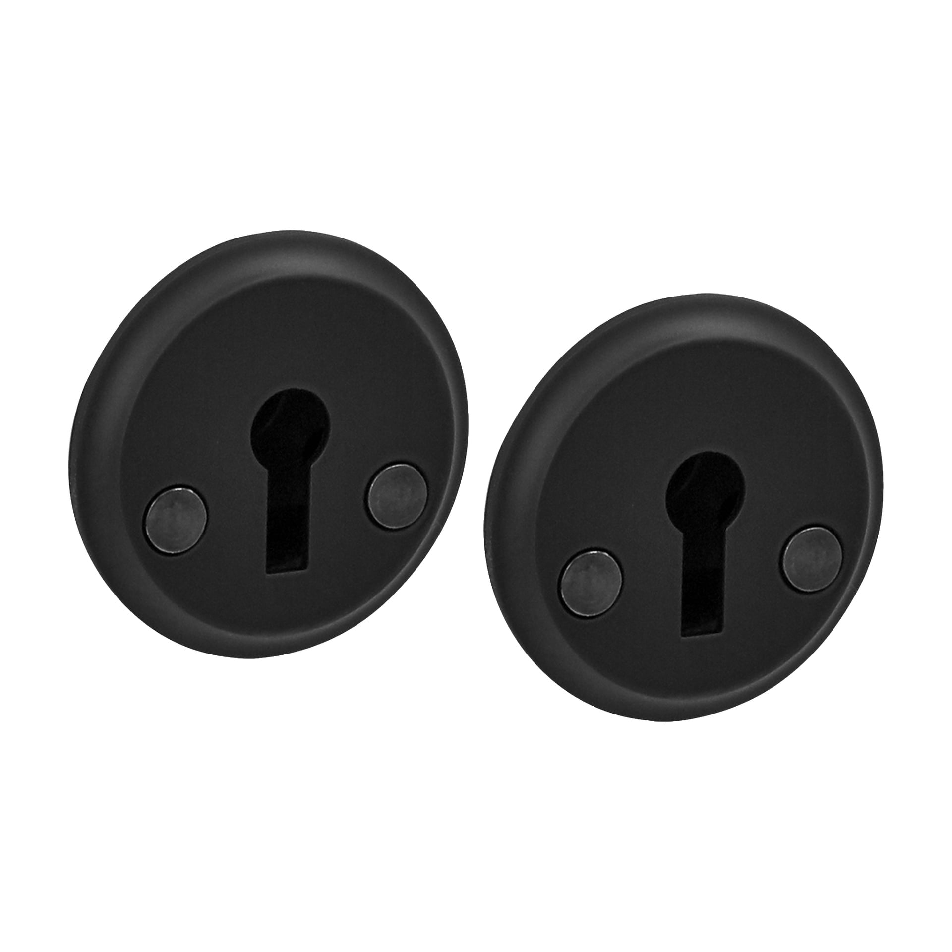 To svarte, ovale "Hard Head Interior dørhåndtak A Black" nøkkelhullsskjold står side om side. Hver har et sentralt nøkkelhull og to runde skruedeksel i hver ende, med en glatt, matt finish.