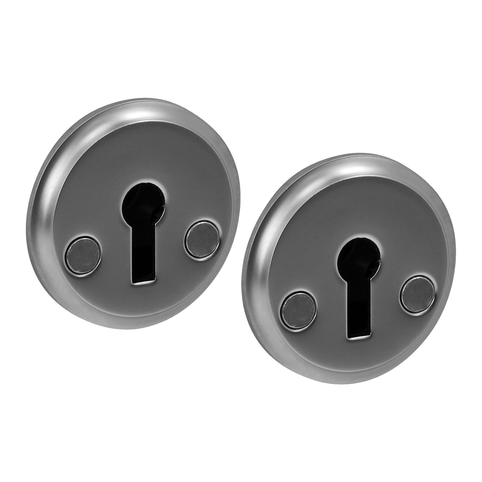 Paar runder Satin-Chrom-Schilde aus Hard Heads Interior Door Handle A, nebeneinander mit einem zentralen Schlüsselloch-Schlitz und zwei kleinen runden Details an jedem Display.