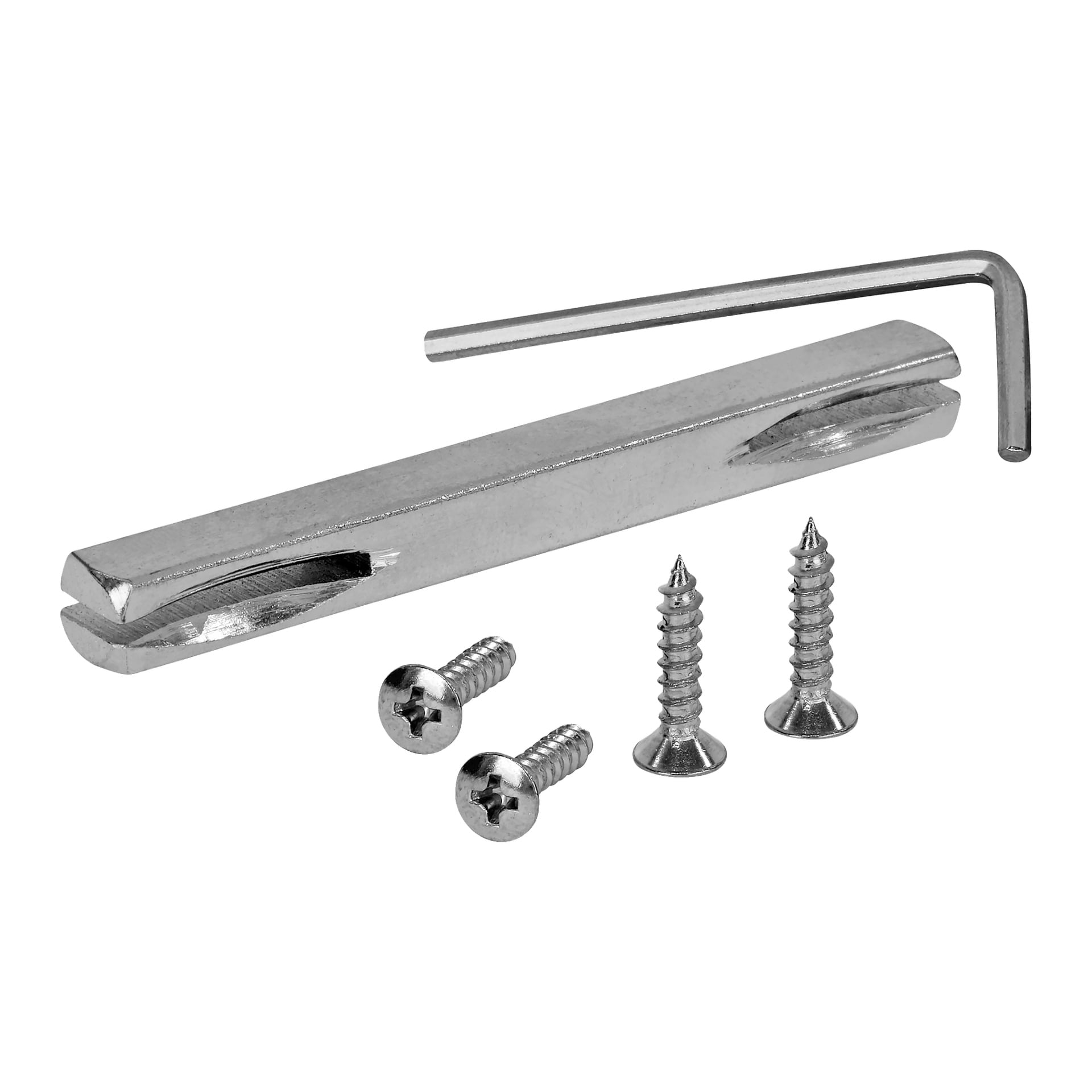 Der Hard Head Innentürgriff C Chrom wird mit einem Metallverbindungsteil präsentiert, das zwei Schlitze, einen L-förmigen Inbusschlüssel und zwei Schraubengruppen hat – drei mit flachen Köpfen und drei mit abgerundeten Köpfen.