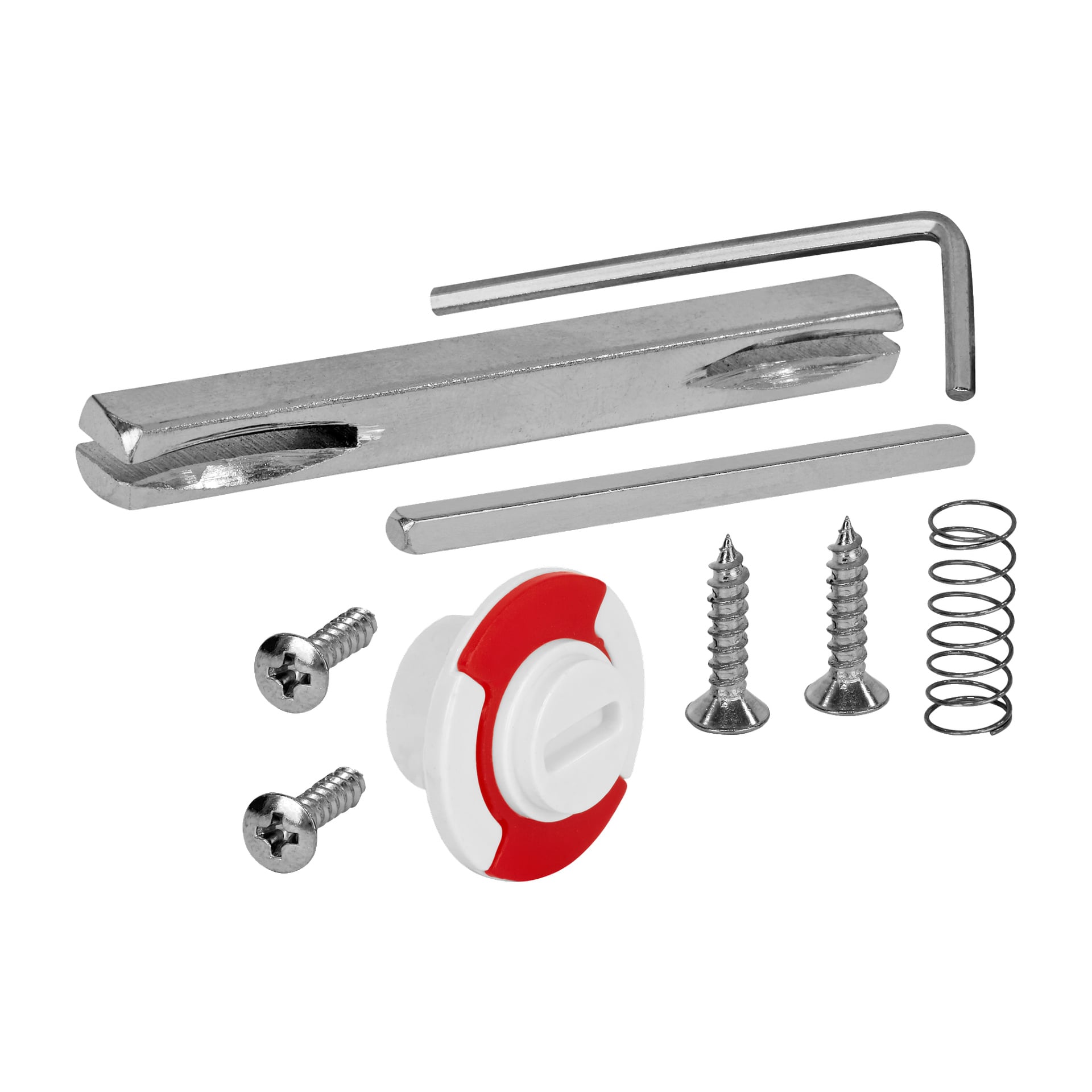 Ein im Innenraum verchromter WC-Türgriff von Hard Head ist zusammen mit seinen Komponenten zu sehen: ein Metallriegel, ein Allbusschlüssel, eine Stange, zwei kleine Schrauben, zwei große Schrauben, eine Schraubenfeder und ein rot-weißer Kunststoffverschluss.