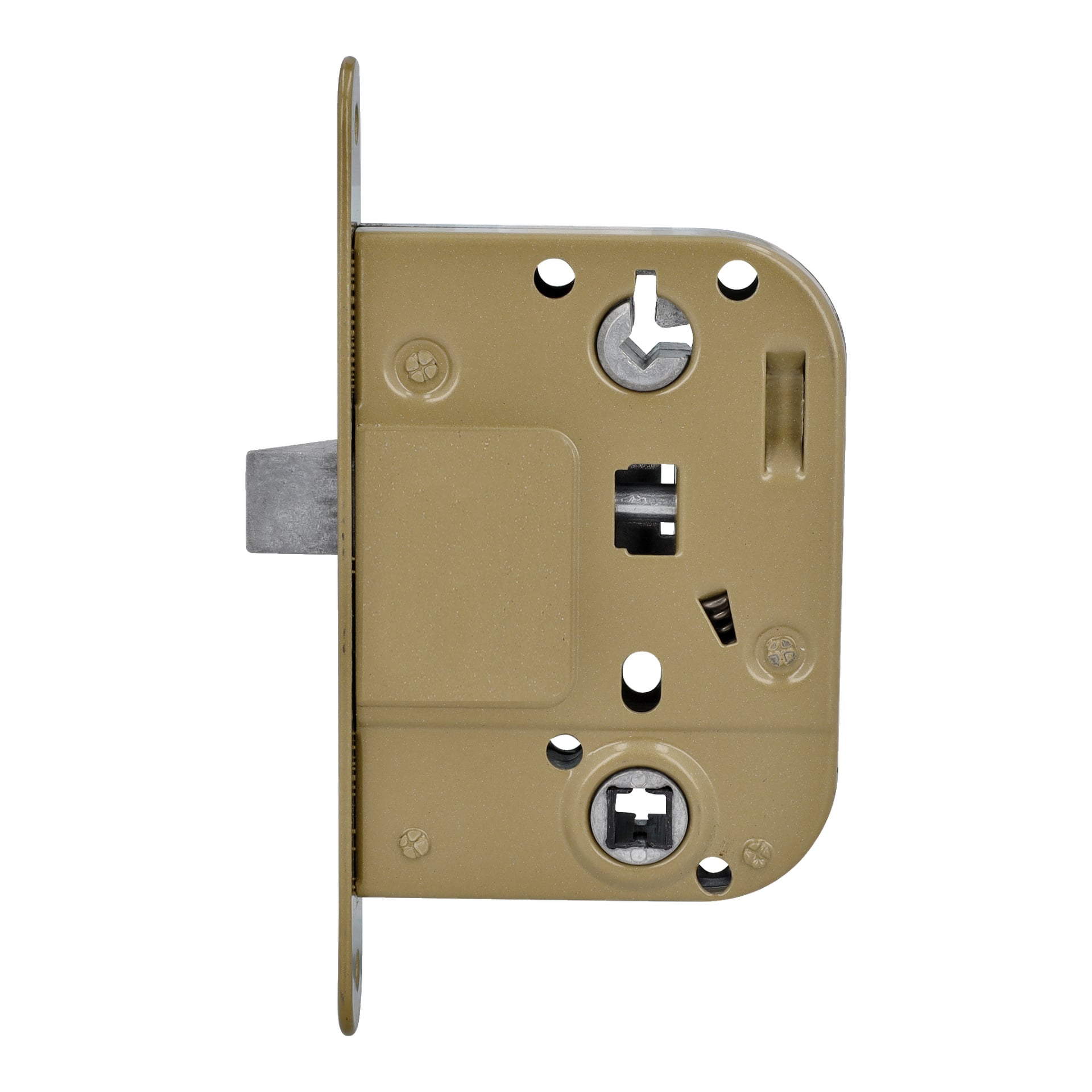 Et detaljert nærbilde av Hard Head Lock Housing for Inner Door 2020 fremhever den messingfargede metallplaten, et synlig nøkkelhull, låsemekanisme og flere skruehull sammen med andre installasjonskomponenter.