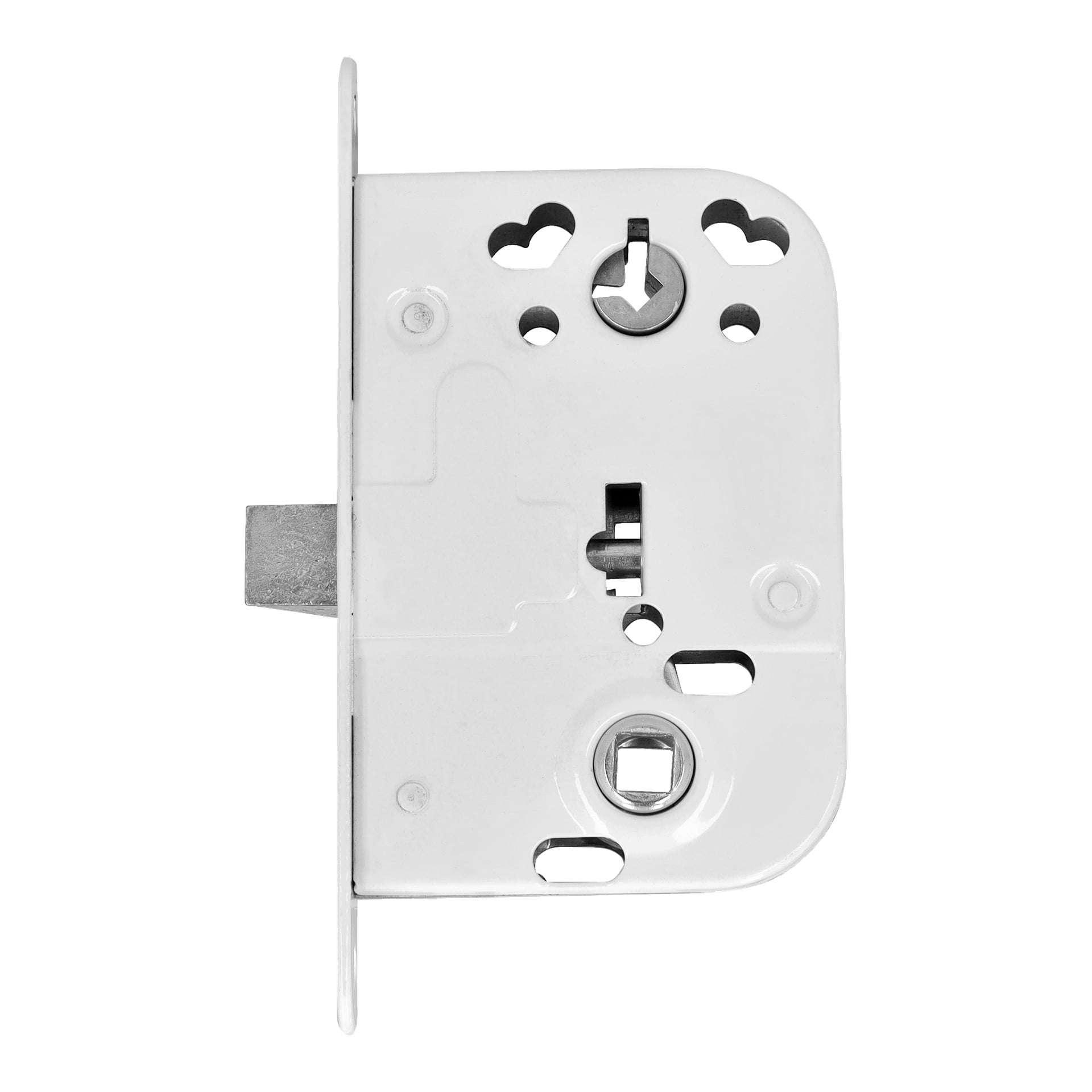 Ett Hard Head Lock-hölje för innerdörren 2014 visas, med vit metallfinish, rektangulär låsbult, flera skruvhål och noggrant utskurna nyckelhålsöppningar.