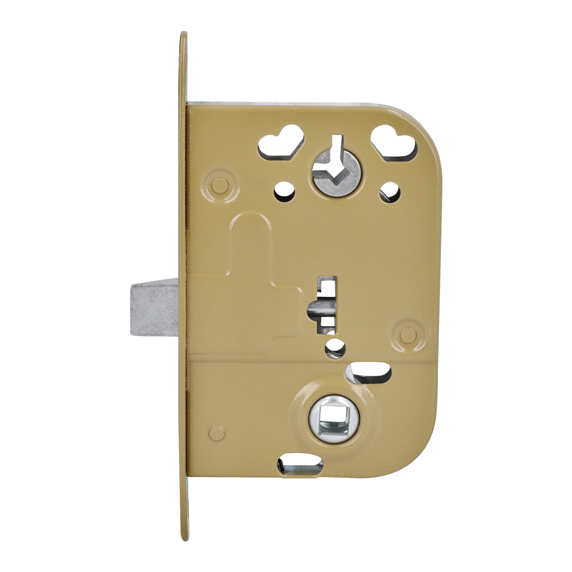 Nærbilde av Hard Head Lock-huset for innerdøren 2014, som viser en beige eller gullfarget metallmekanisme med flere skruehull og en rektangulær lås som stikker ut fra venstre.