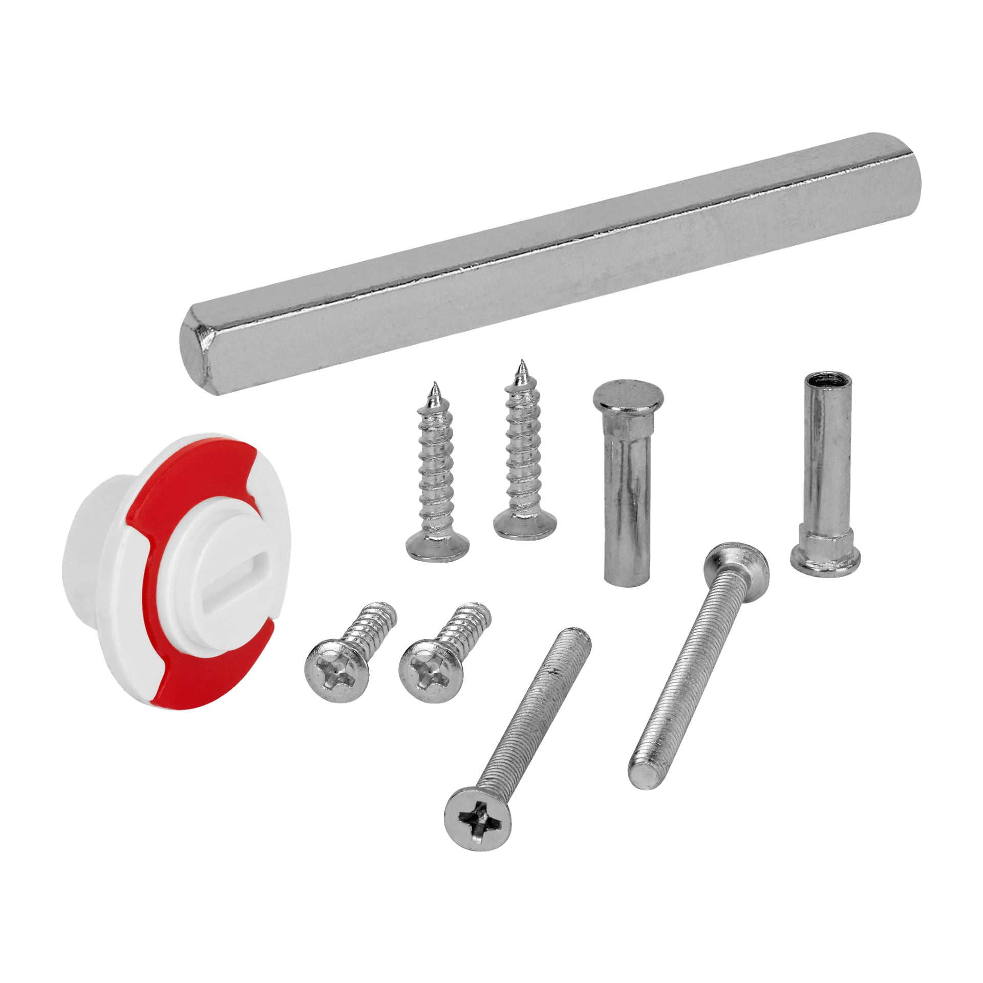 Ett Hard Head WC-rattset med skruvar, bultar, en cylindrisk metallstång, ett vitt och rött plastfäste samt olika metallbeslag prydligt arrangerade.