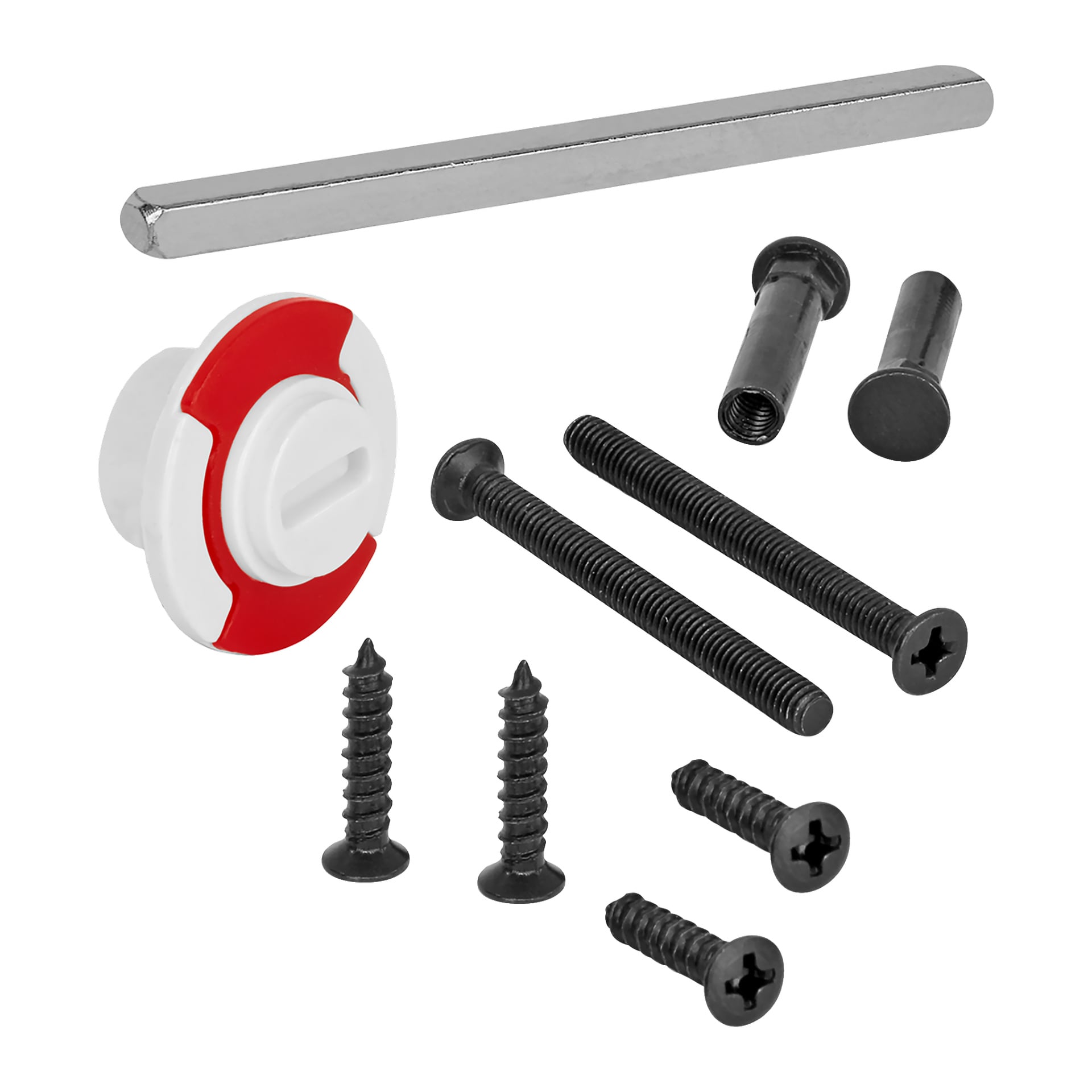 Hard Head WC-rattset innehåller en metallstång, en cirkulär ratt i vit och röd plast, två långa bultar, två korta skruvar, två medelstora skruvar och två svarta cylindriska kontakter. Alla delar är arrangerade tillsammans.