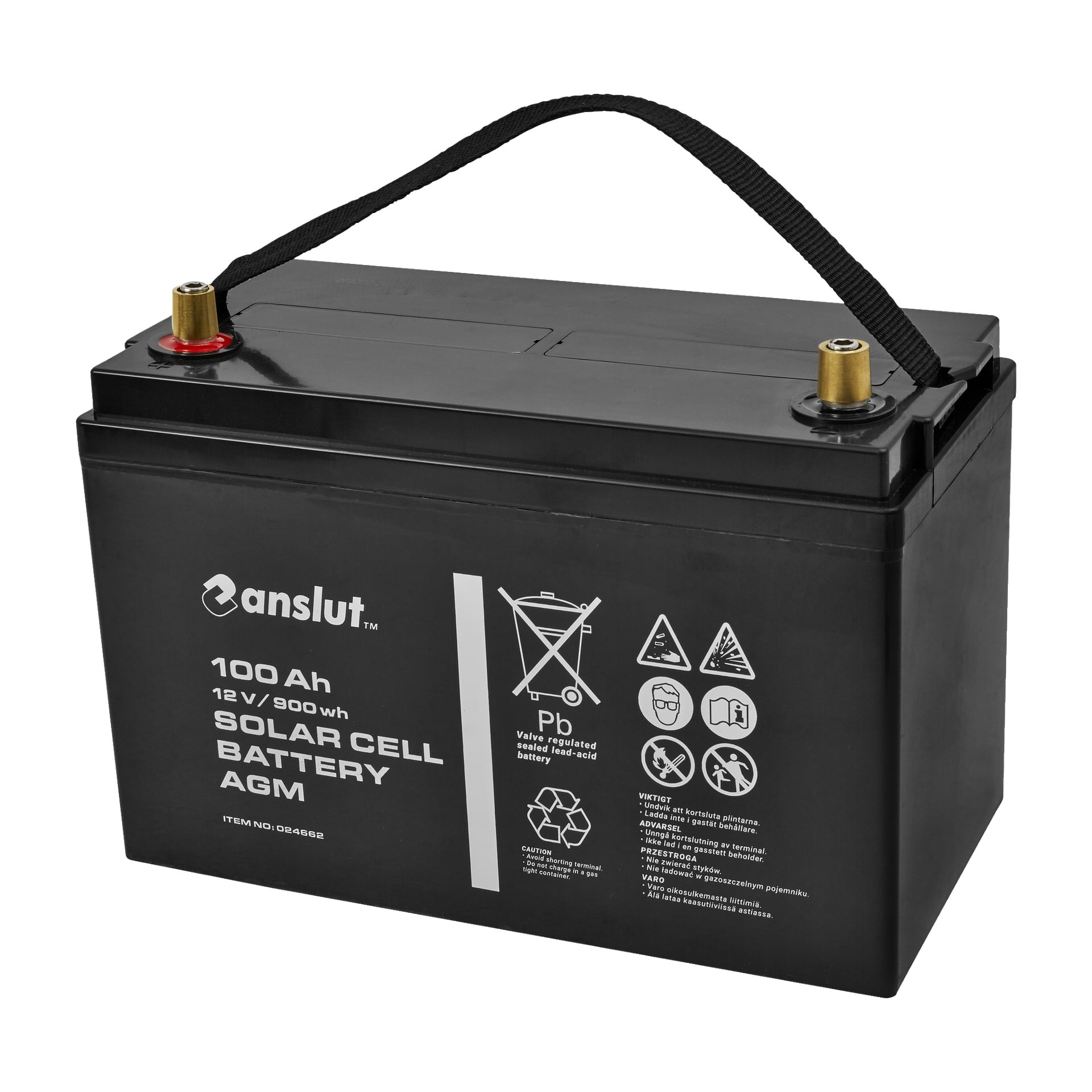 Ett svart Anslut solcellsbatteri (12V 100Ah) med bärhandtag på toppen, röda och svarta terminalstolpar samt vit märkning på framsidan med teknisk information och säkerhetssymboler.