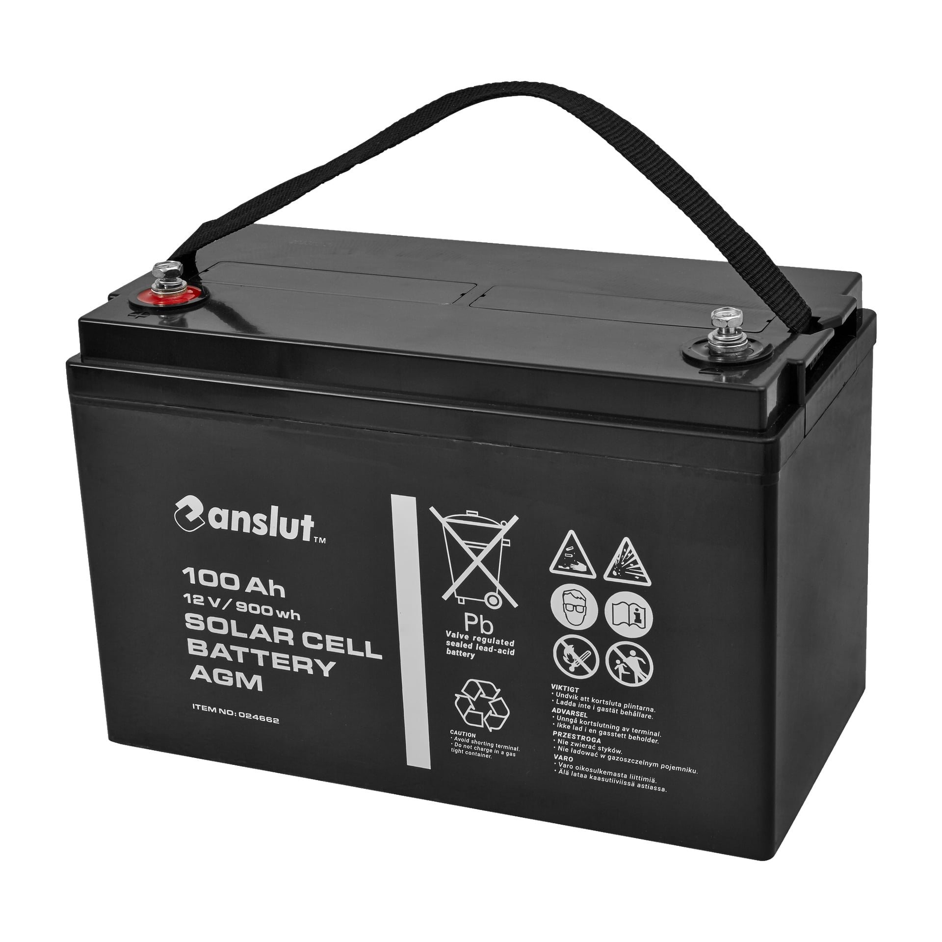 Ett svart Anslut AGM solbatteri, 12V 100Ah, med ett översta handtag för att bära. Den har terminalstolpar och flera vita etiketter, ikoner och varningssymboler på framsidan.
