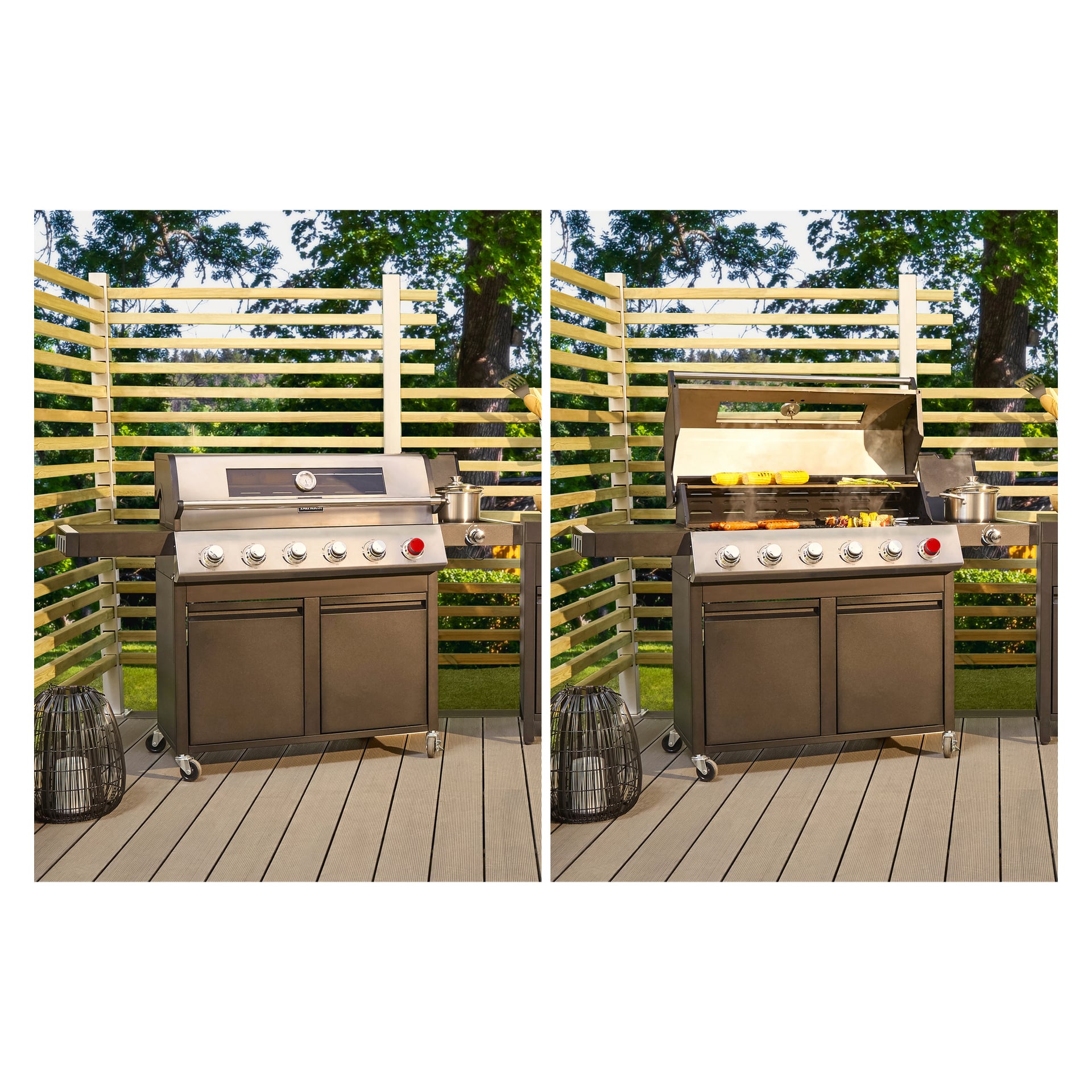 En Burns & Barkles Gas Grill Steely King 9042B står på en träplatta. På bilden till vänster är grilllocket stängt; På den högra bilden är locket öppet och visar majs och grönsaker som kokas. Båda scenerna har en inhägnad trädgård och träd i bakgrunden.