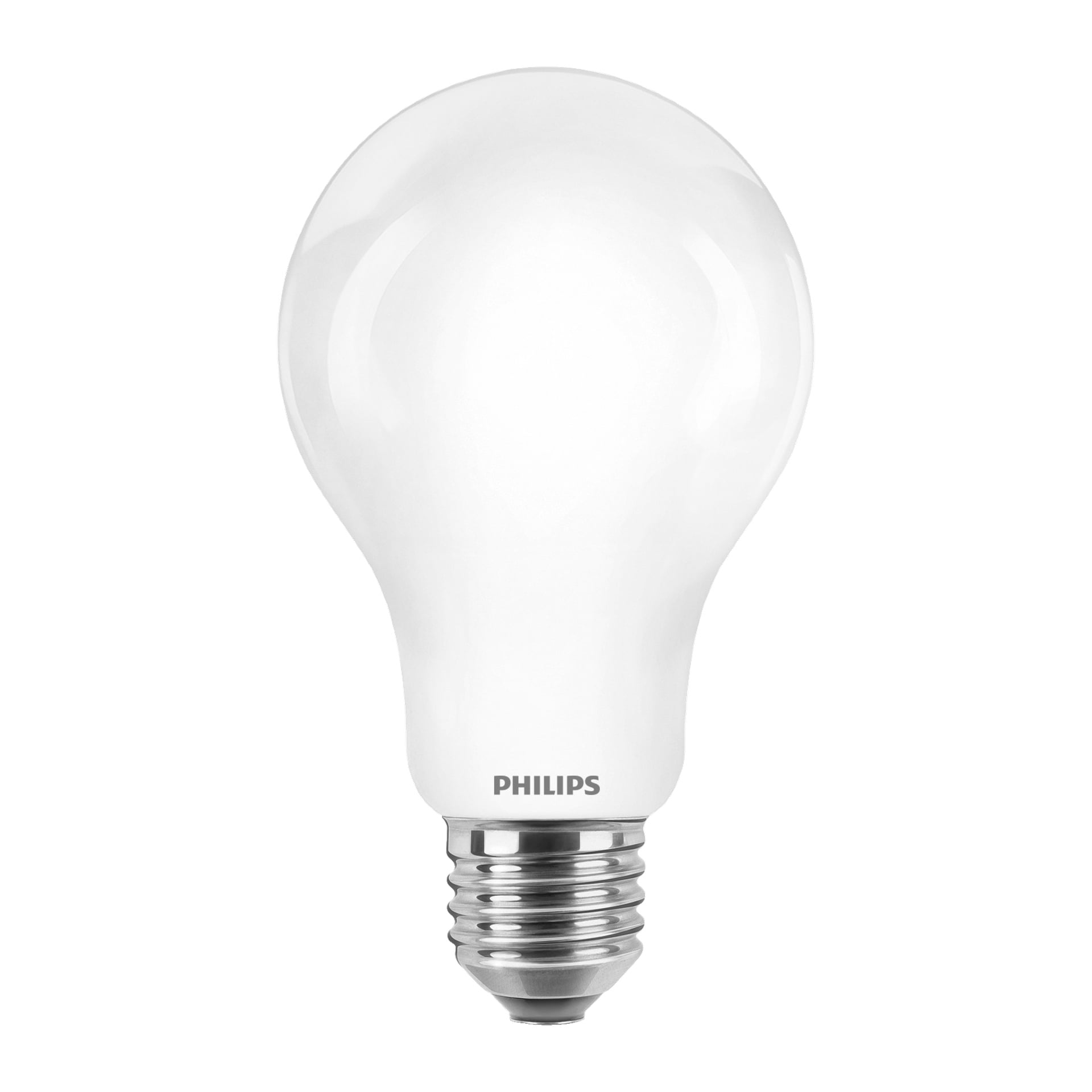 En standard Philips Normal LED-lampa med vit utsida och metallisk skruvbas visas, med Philips-logotypen nära botten.