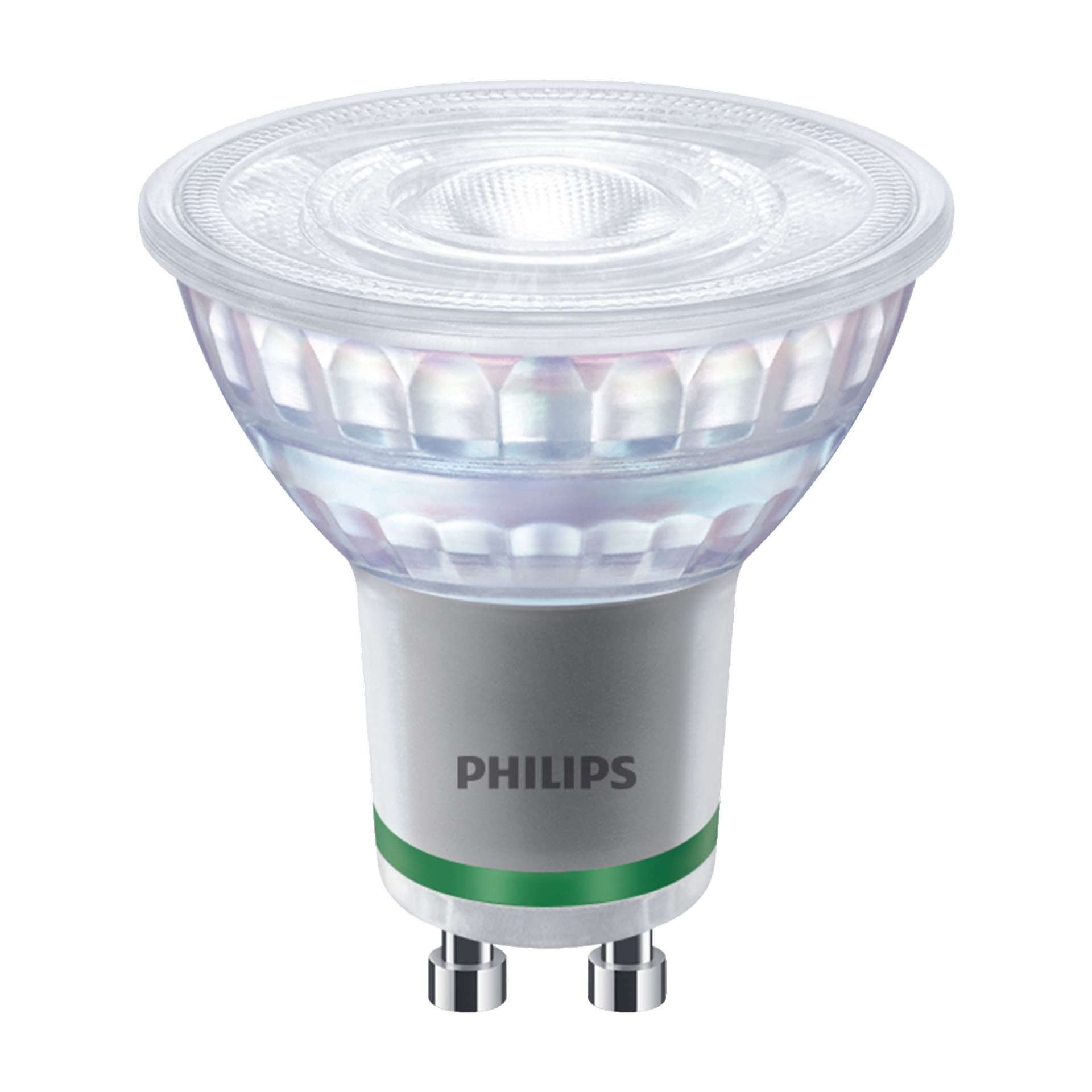 En Philips GU10 reflektor LED-lampa med en klar, fasetterad lins, en silverfärgad bas accentuerad av en grön rand nära botten, och märket "Philips" tryckt på basen.